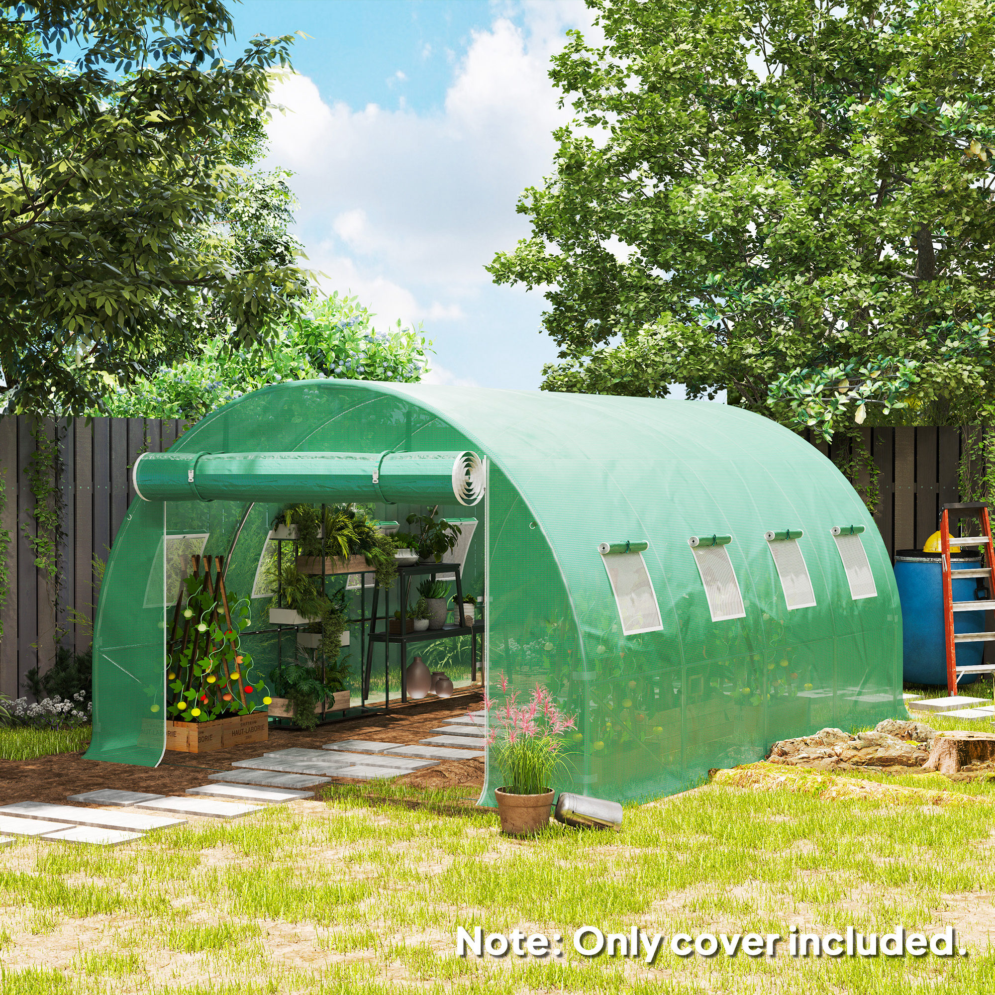 Outsunny Ersatzfolie für Garten-Tunnel-Gewächshaus 12 m² 4 x 3 x 2 m PE Ant UV wasserdicht 8 Fenster + aufrollbare Reißverschlusstür Grün