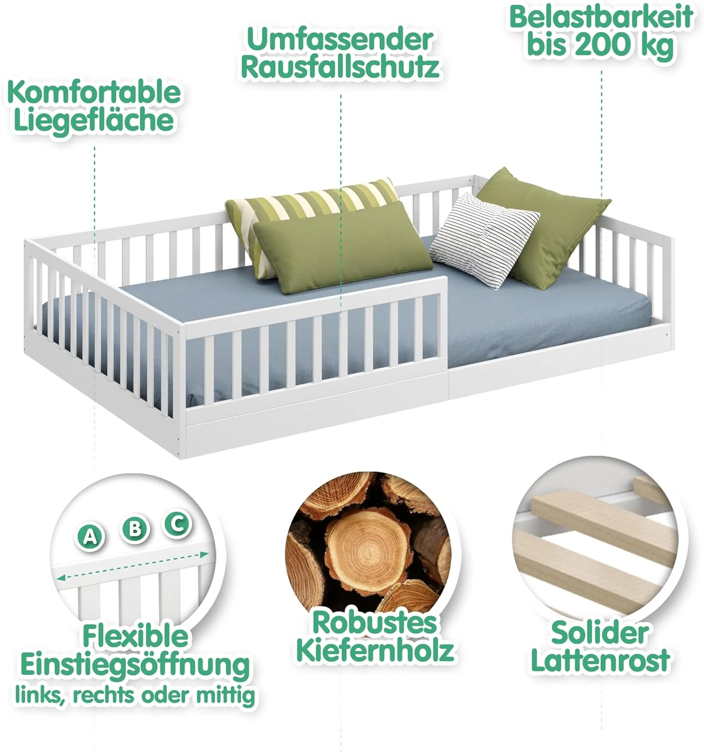 CADANI Timi 2-in-1 Vloerbed 140x200 cm Montessori Kinderbed met uitneembare valbeveiliging incl. lattenbodem, massief grenenhout, wit - 3 opbouwmogelijkheden, belastbaar tot 200 kg, ombouwbaar