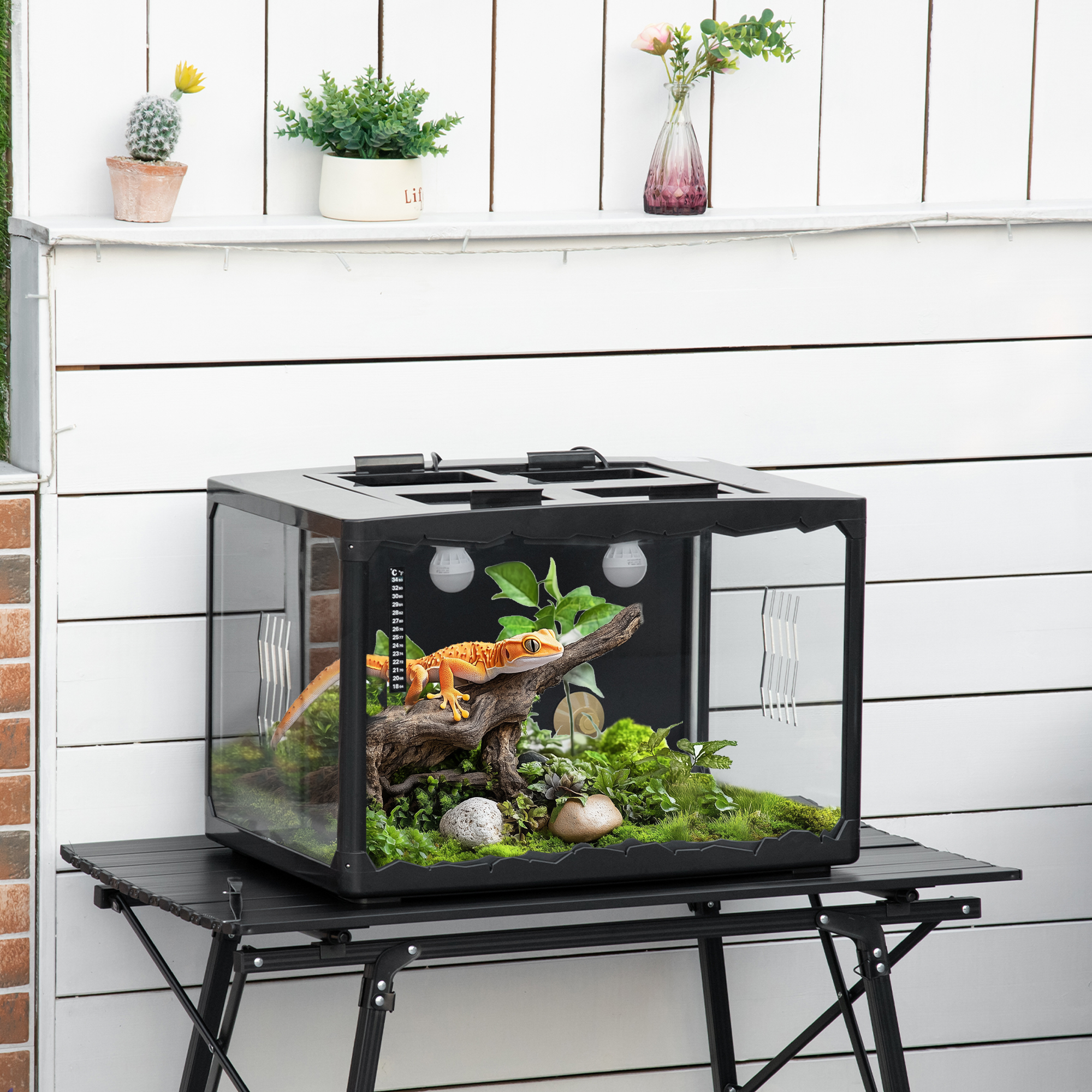 PawHut Terrarium für Landschildkröten und Reptilien mit Thermometer 18-34℃, 60x40x40,5 cm, Schwarz