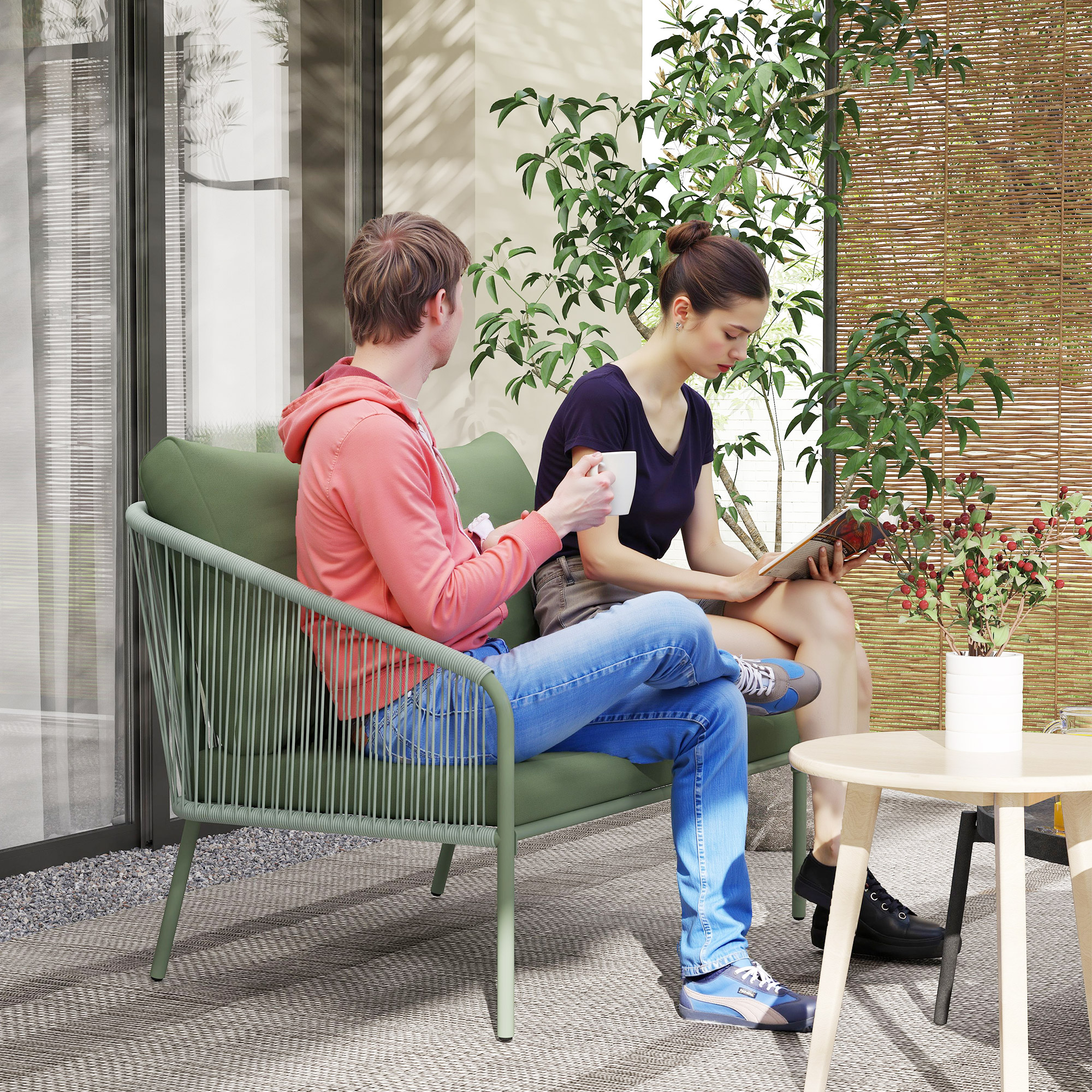 Outsunny Gartensofa mit Kissen 2-Sitzer Rattan Sofa Lounge Sofa Outdoor Balkon Sofa 112 x 72 x 76 cm Grün