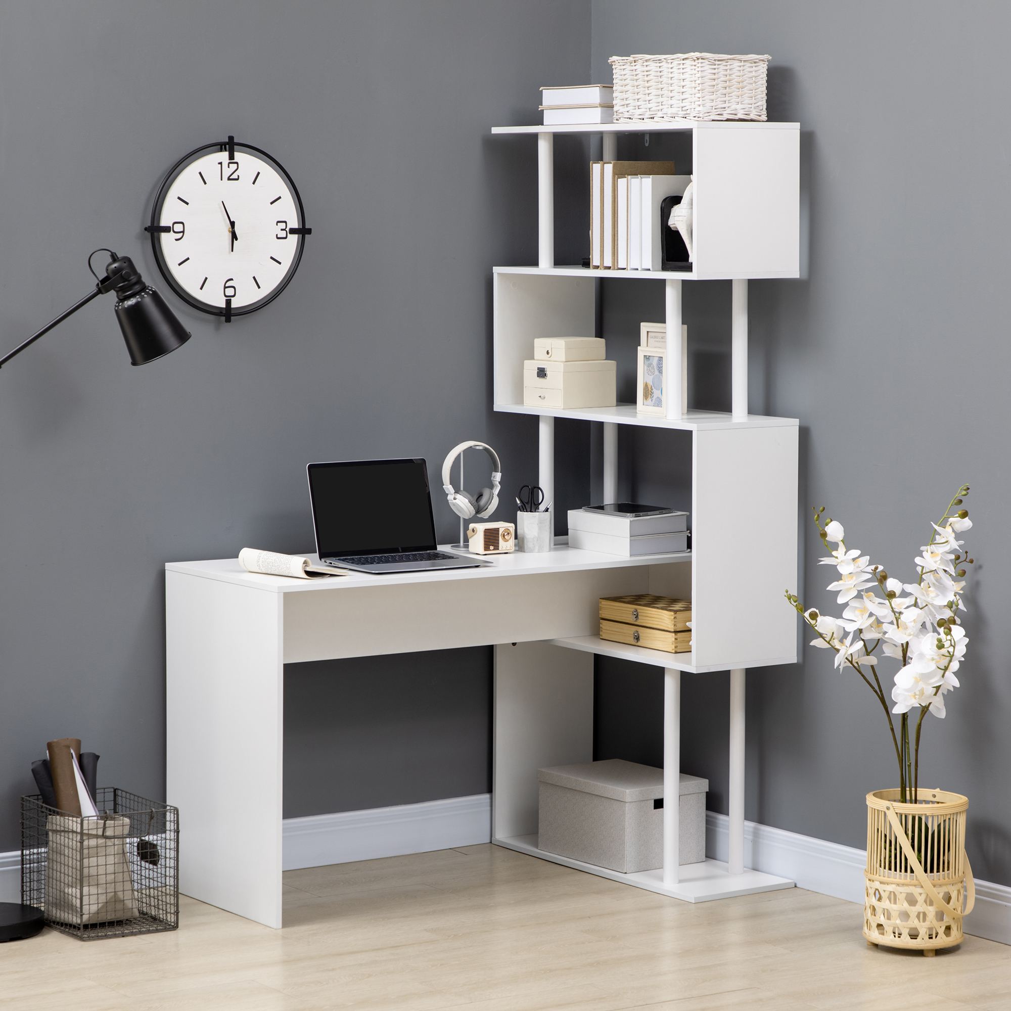 HOMCOM Gaming-Tisch mit 4 Regalen, Eckschreibtisch, Computertisch, L-Förmig, 120 cm x 80 cm x 176 cm, Weiß