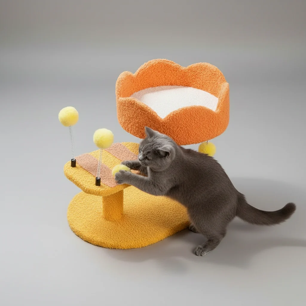 Cat Perch Station �C Flower Bowl Perch, Sisal Scratching Post & Spring Ball Toy
