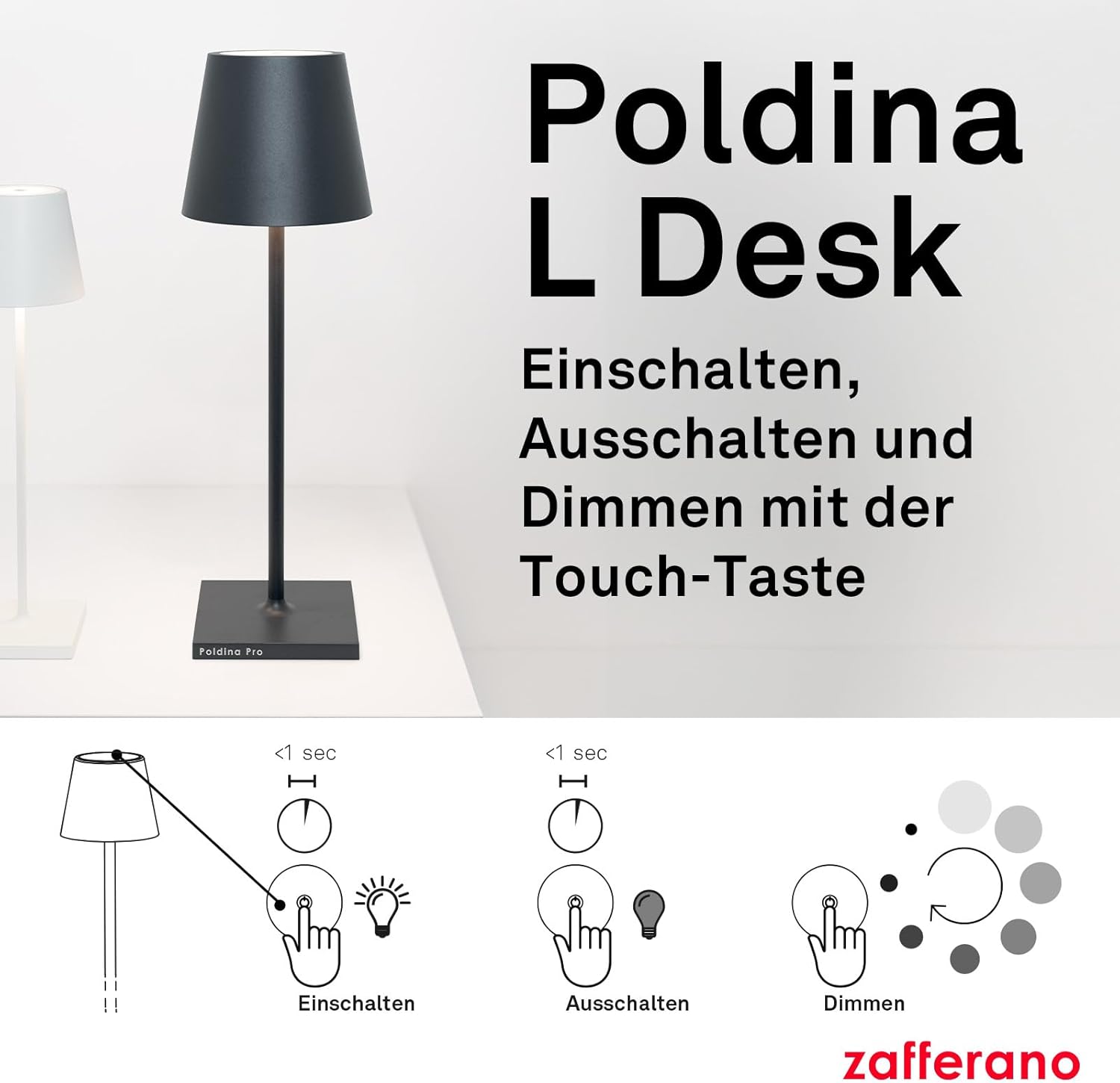 Zafferano, Poldina L Schreibtischlampe, Tragbare und Wiederaufladbare Tischlampe mit Touch Control, Geeignet für Wohnzimmer und Außenbereich, Dimmer, 2200-3000 K, Höhe 49,7 cm, Farbe Dunkelgrau