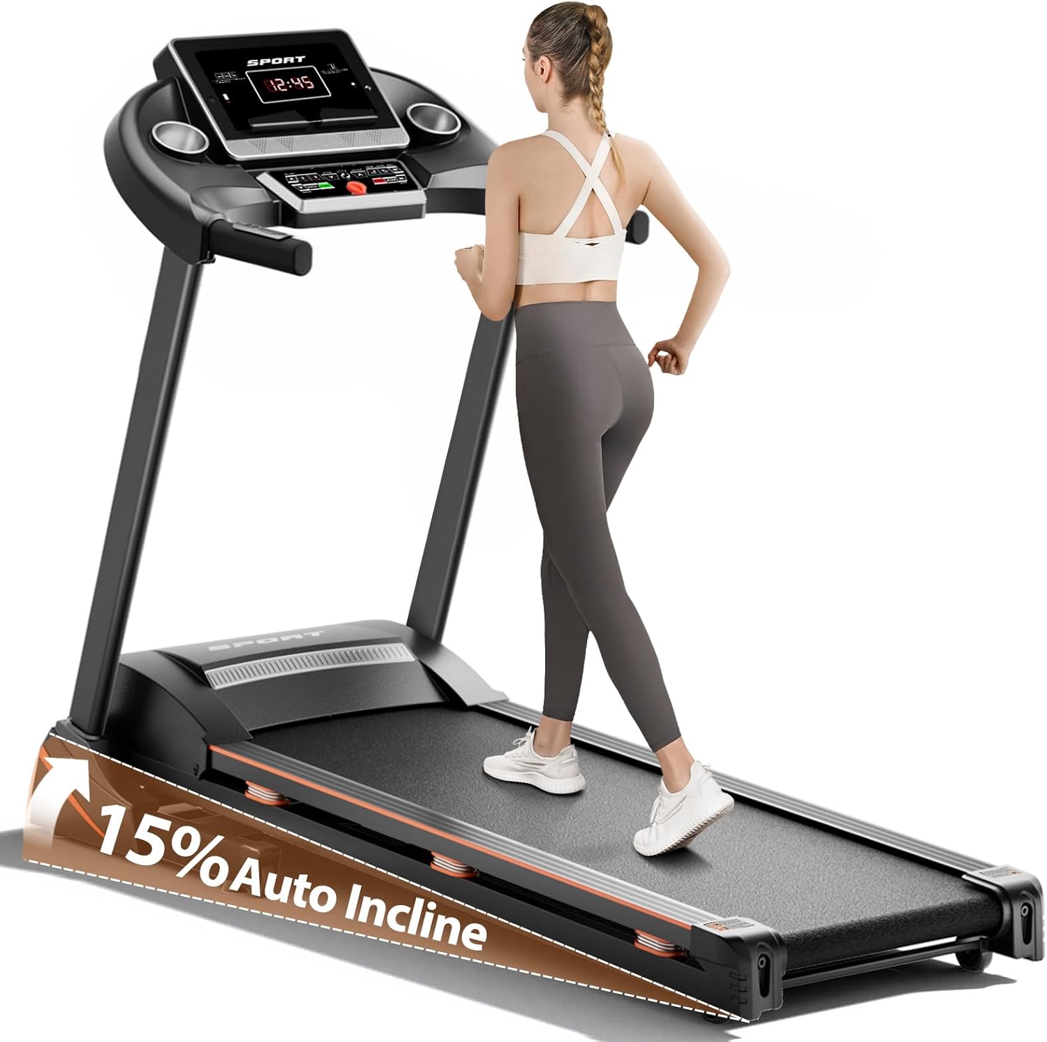 Home Treadmill 0-15% Incline 3HP Folding Bluetooth 300lbs