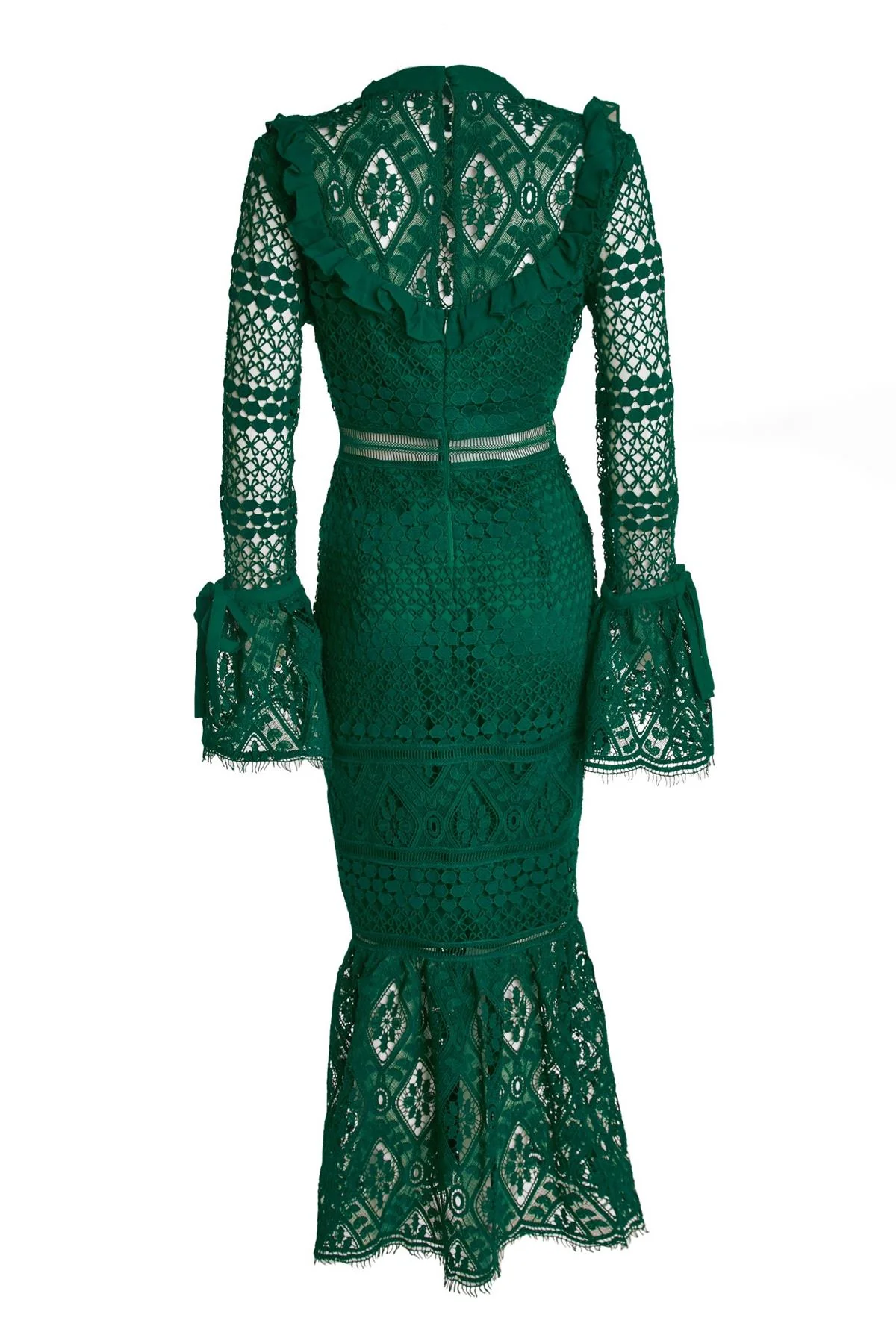 Jenna Emerald-Green Peplum-Sleeve Lace Midi Dress