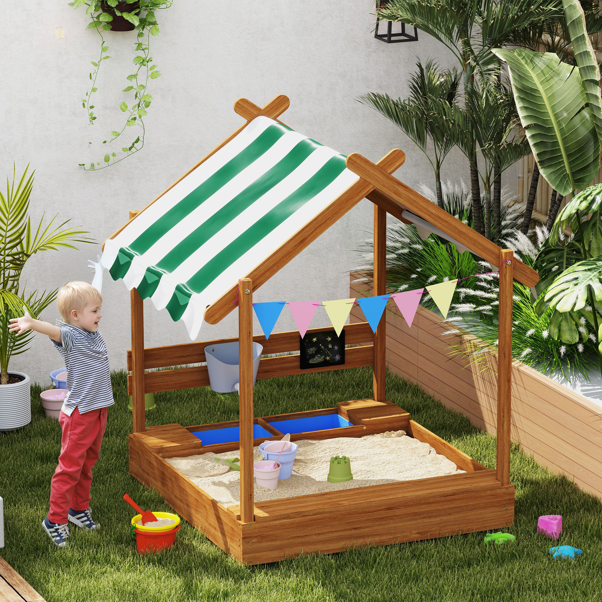 Outsunny Sandkasten mit Sonnenschutz, Spielhaus-Design, mit Spielzeug-Set, behandeltes Massivholz, 124 x 116 x 146 cm, Grün