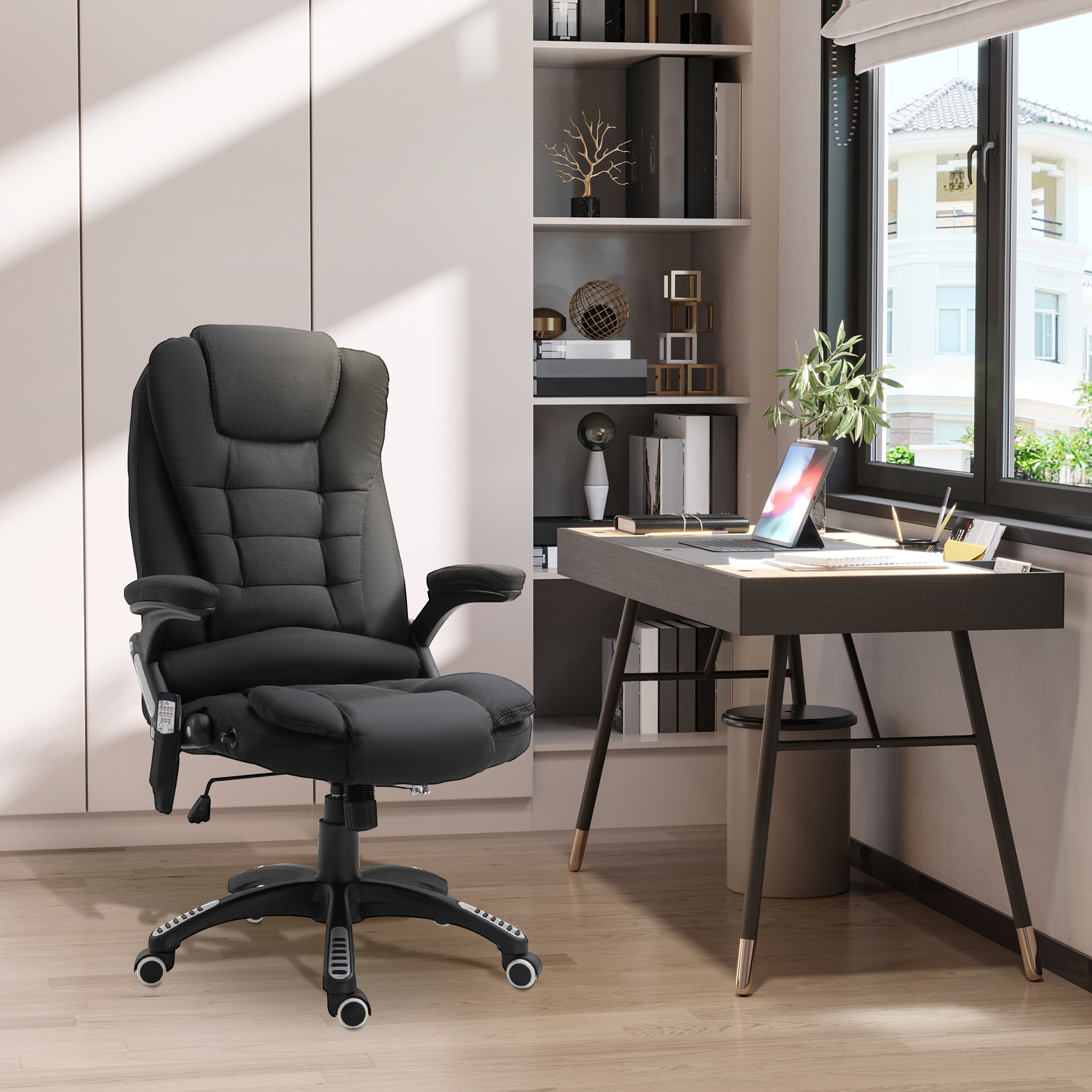 Vinsetto Bürostuhl mit Vibrationsmassage, Ergonomisch Schreibtischstuhl mit Heiz-, Liegefunktion, Höhenverstellbar Chefsessel mit Fernbedienung, Seitentasche, Leinenoptik, Schwarz