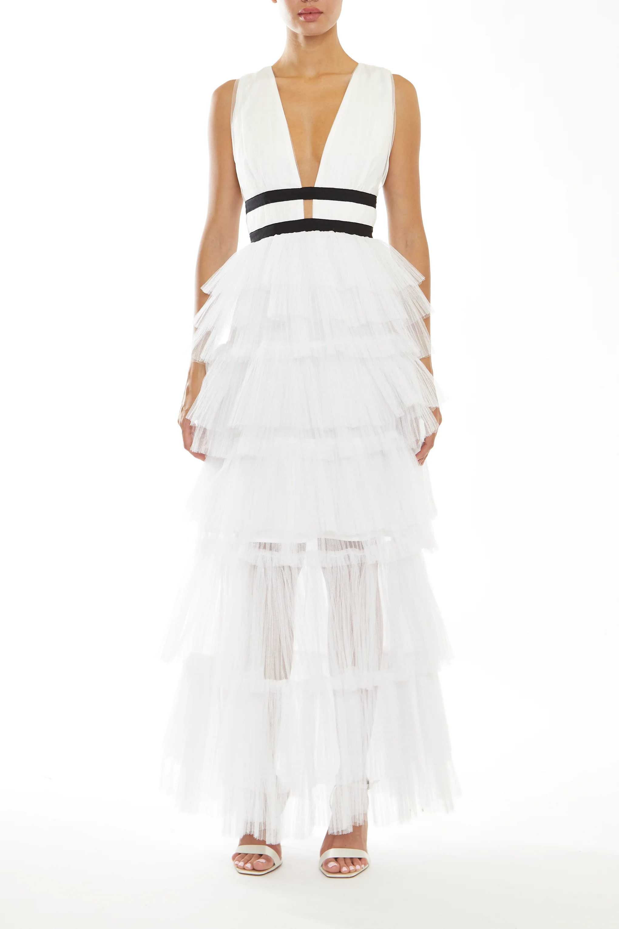 Eliza White Plunging Neck Layered Tulle Skirt Maxi-Dress