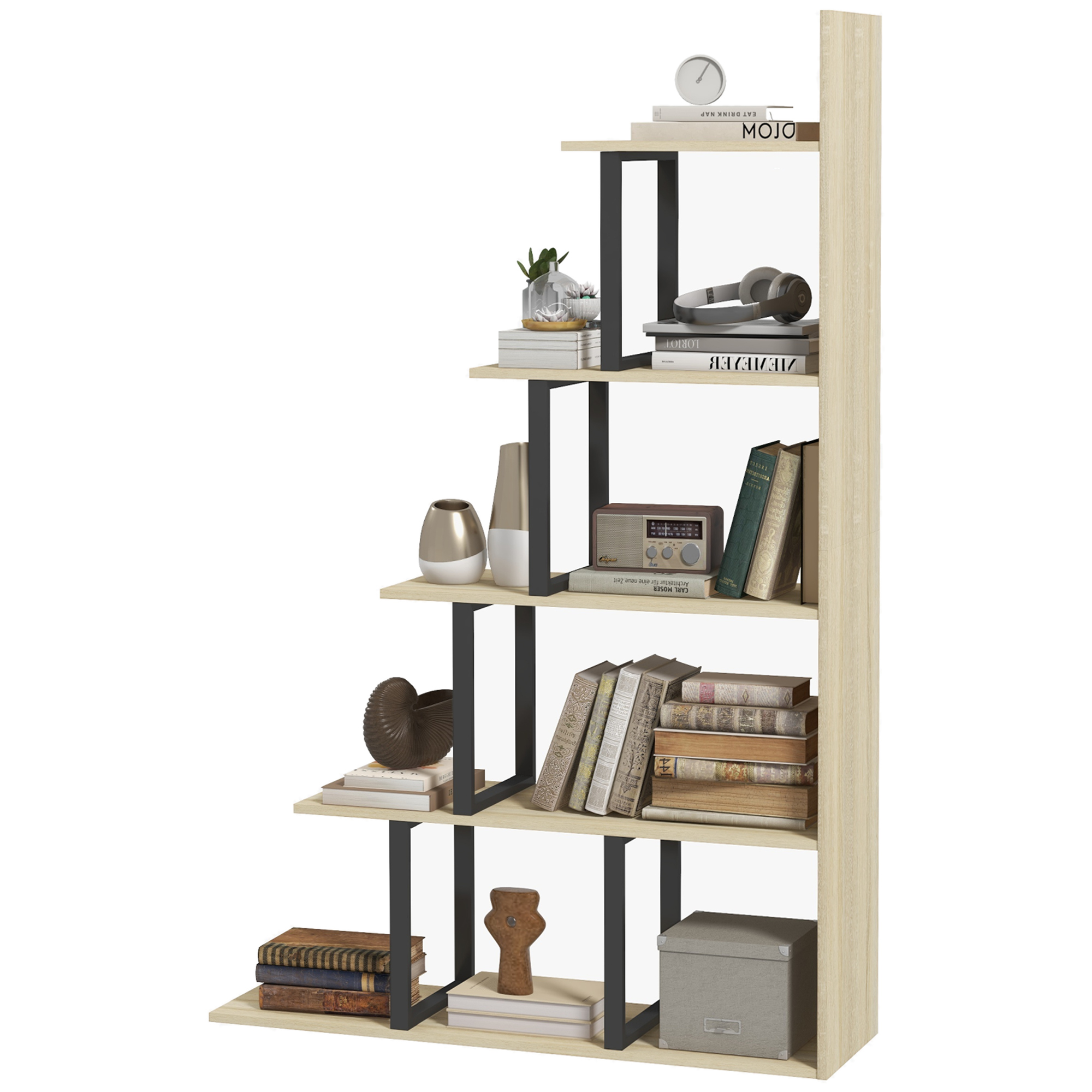 HOMCOM Bücherregal Raumteiler Industriestil in Treppenform 5 Regale 102 x 30 x 160 cm Eiche