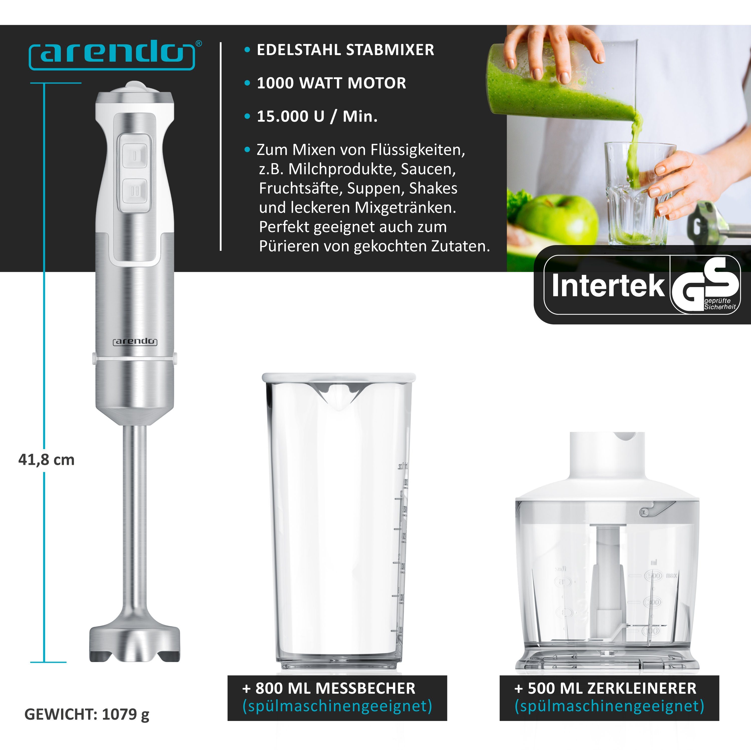 Stabmixer Edelstahl Pürierstab Set mit Zerkleinerer und Messbecher, Handmixer