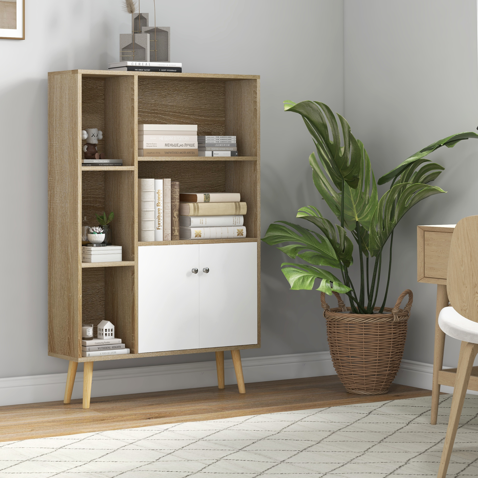 HOMCOM Skandinavisches Bücherregal Aufbewahrungsmöbel dim. 80L x 23,5B x 123H cm 5 Nischen Schrank 2 Türen geneigte massive Pinienholzfüße