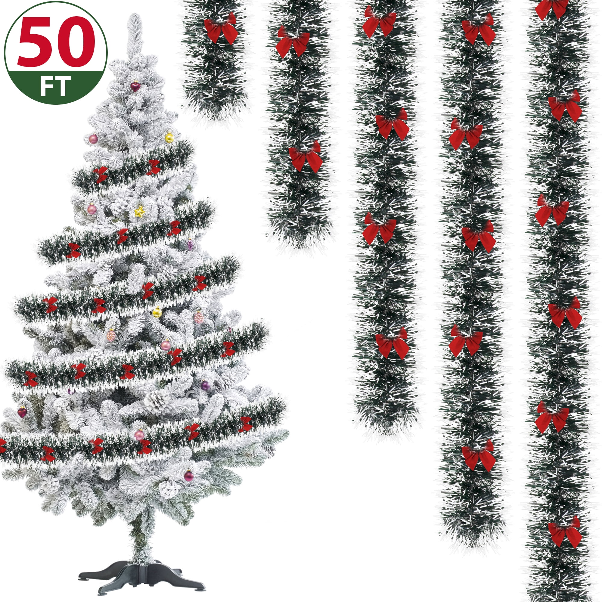 IZNEN 50FT Christmas Garland with 38 Red Bows, Flexible Green Tinsel for Indoor/Outdoor Holiday Decor