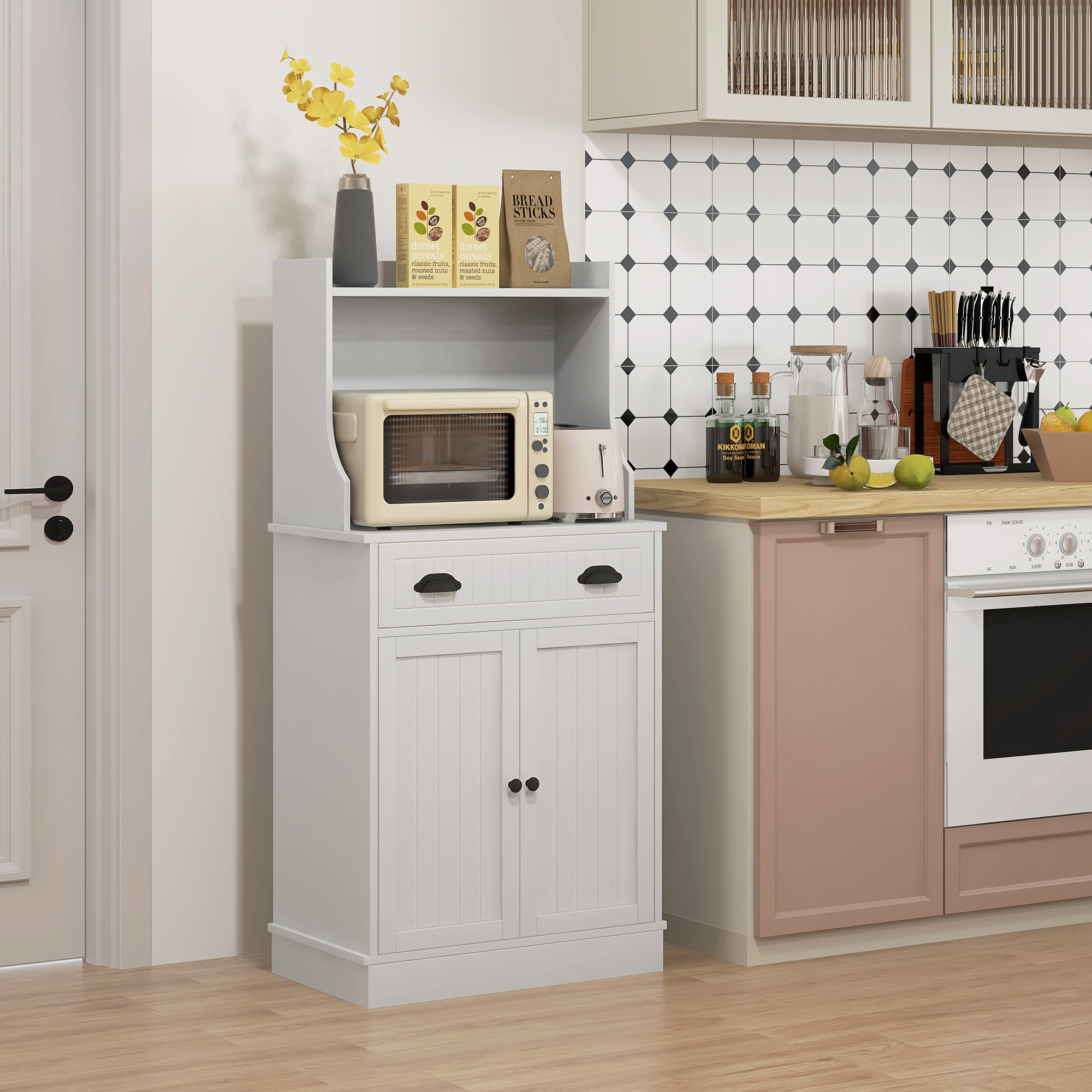 HOMCOM Mikrowellenregal für die Küche mit offenem Raum, 1 Schublade und 2 Türen 61 x 35 x 125,4 cm weiß