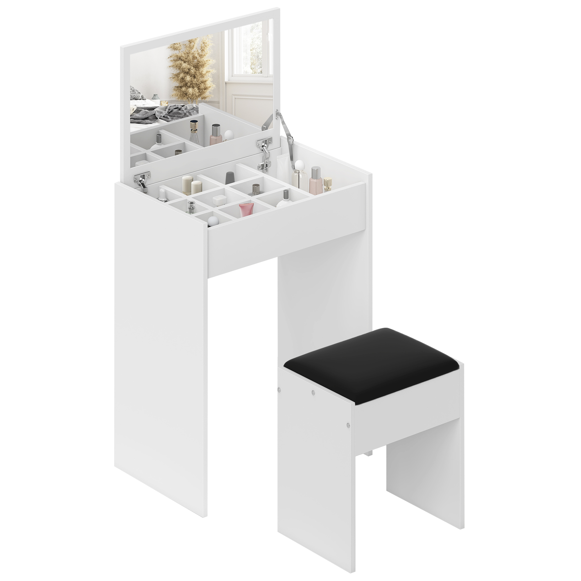 HOMCOM Schminktisch Kosmetiktisch Frisiertisch mit Hocker Klappspiegel Weiß 60 x 40 x 79cm