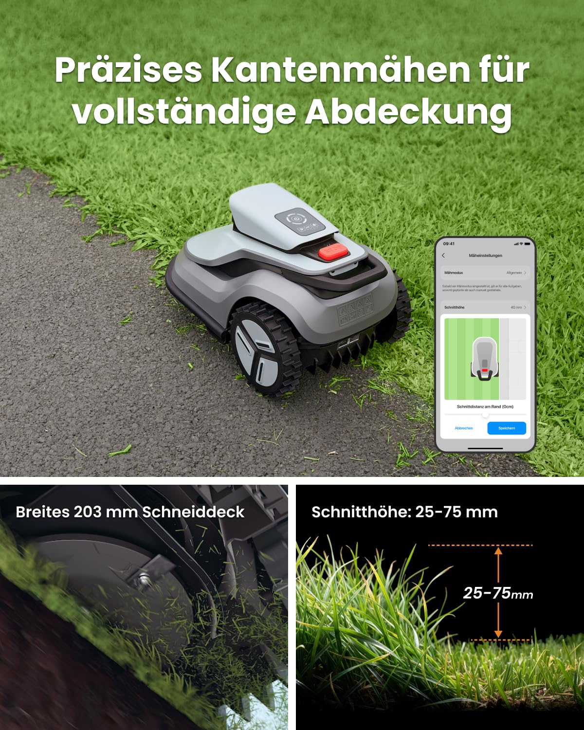 Mähroboter V600 kabellose KI-Navigation bis 600 m² 25–75 mm Schnitthöhe 32,5 % Steigung mit Garage