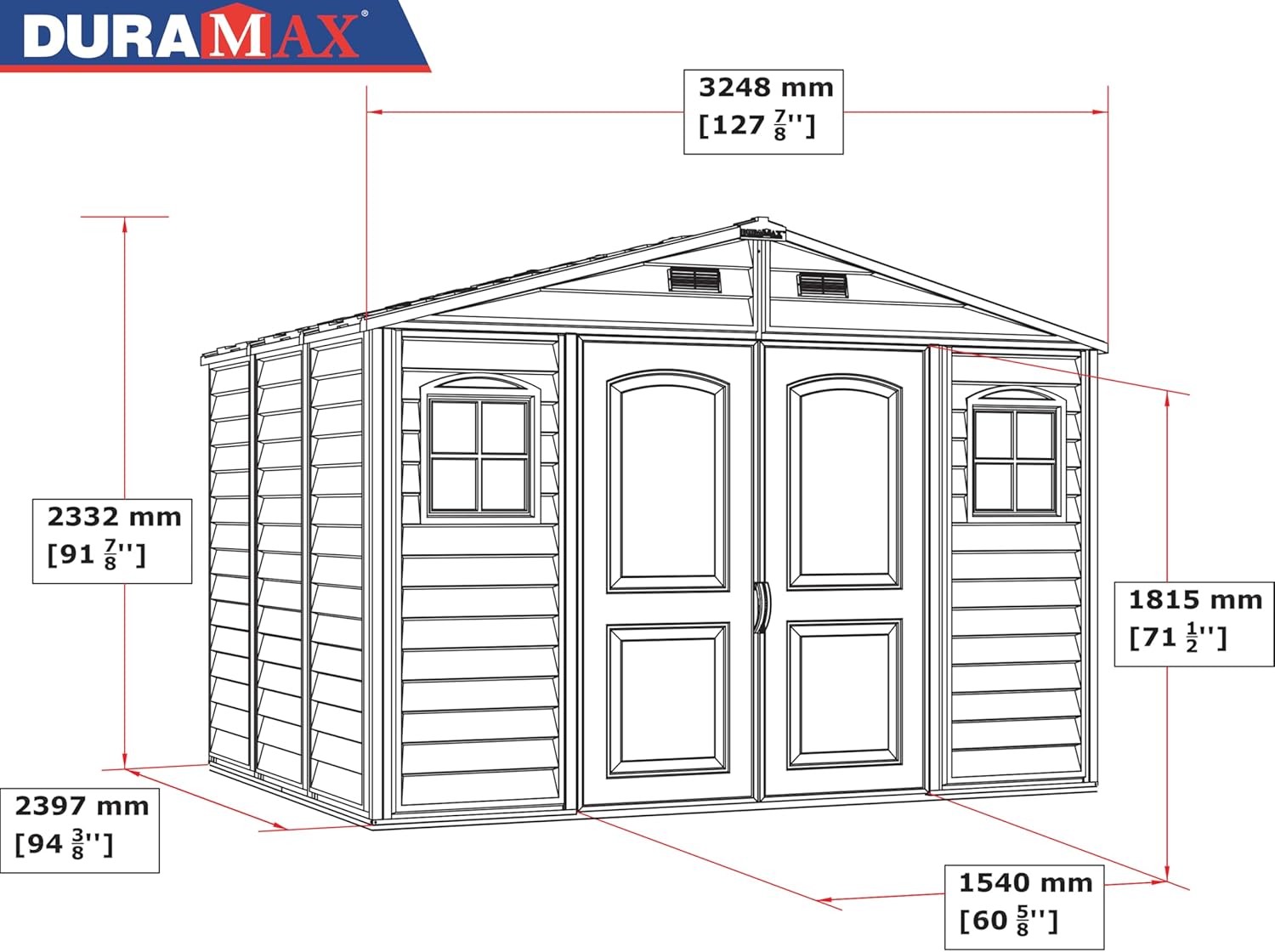 Duramax WoodSide 10 x 8 (7.64 m²) Kunststoff gerätehaus mit 3 festen Fenstern und Metallfundamentset, Gerätehaus, wartungsfreie und robuste und Dachstruktur aus Metall, Ivory/Brown