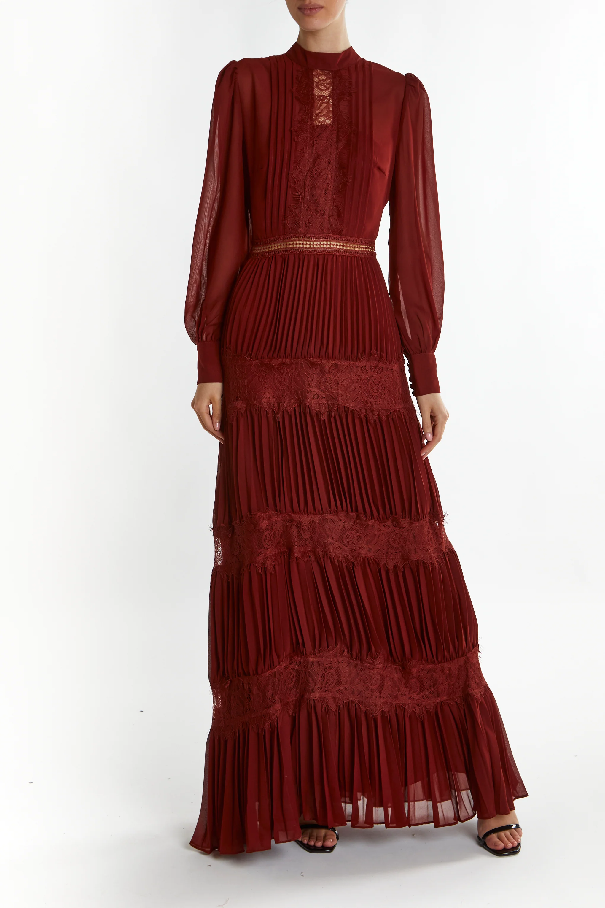 Holly Burgundy High-Neck Pleated Maxi Dress