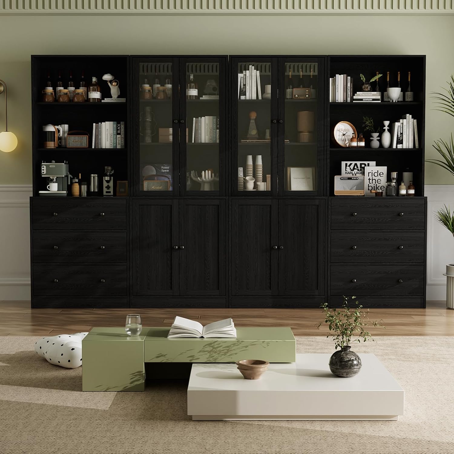 VOWNER 5-stöckiges Bücherregal mit Glastüren, 180 cm Vitrinenschrank, Küchenschränke, Küchenschrank Hochschrank, Buffetschrank für Küche, Wohnzimmer, Esszimmer, 4PCS (Schwarz)