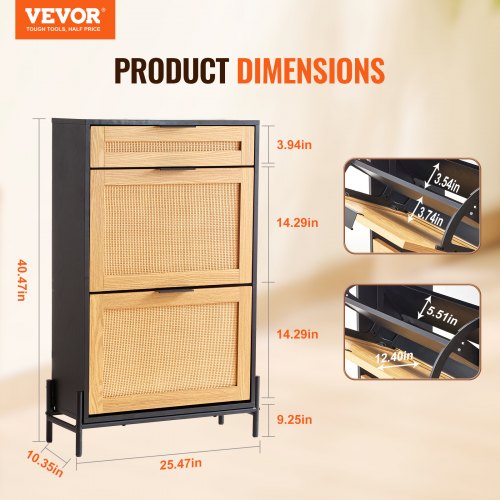 VEVOR Rattan Schuhschrank mit 2 Klappschubladen 1 Ausziehschublade Schwarz