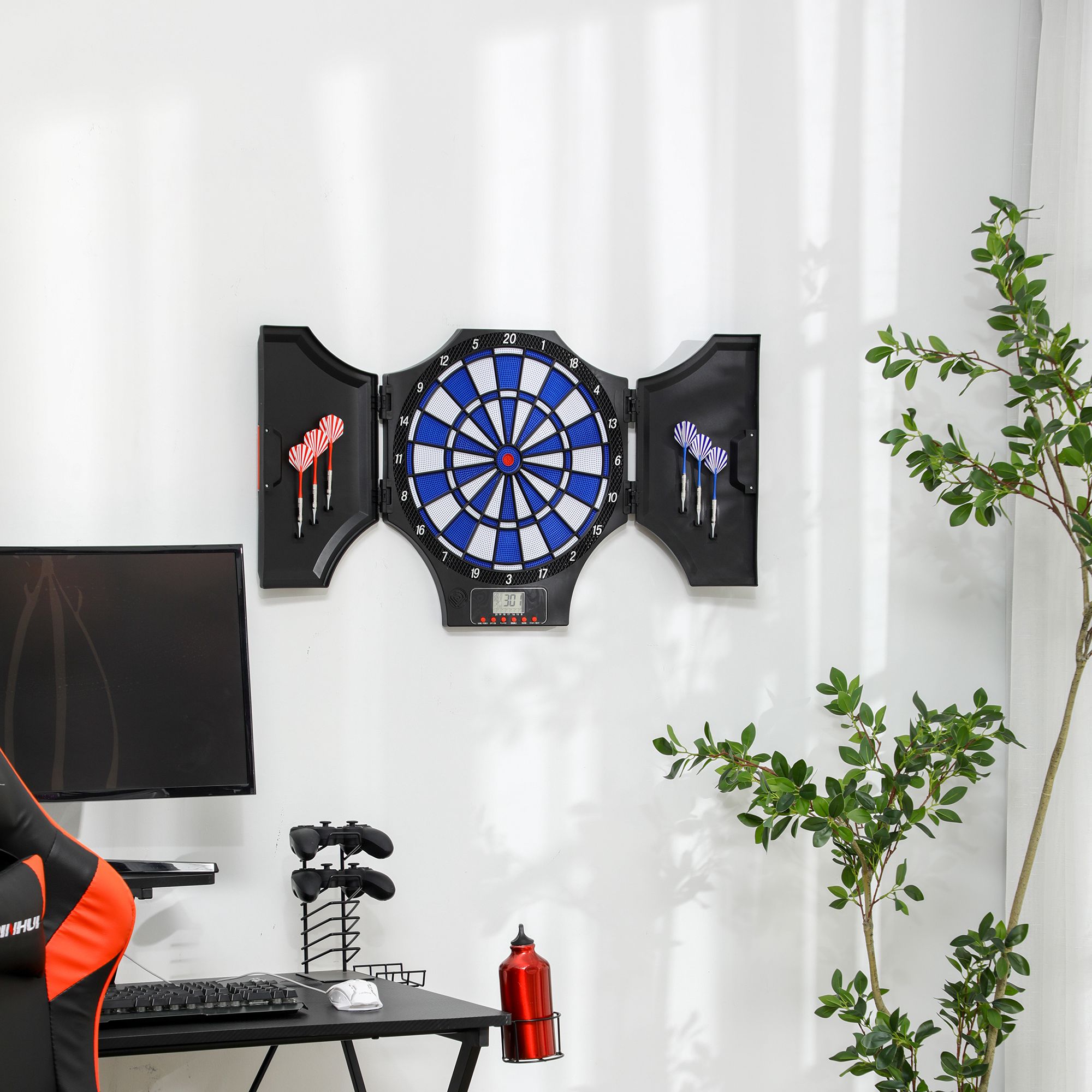 SPORTNOW Dartscheibe, elektronisch, 31 Spiele und 285 Programme, für 8 Spieler, 2 Türen, 6 Pfeile, Sound, schwarz, 83 x 45 x 4 cm