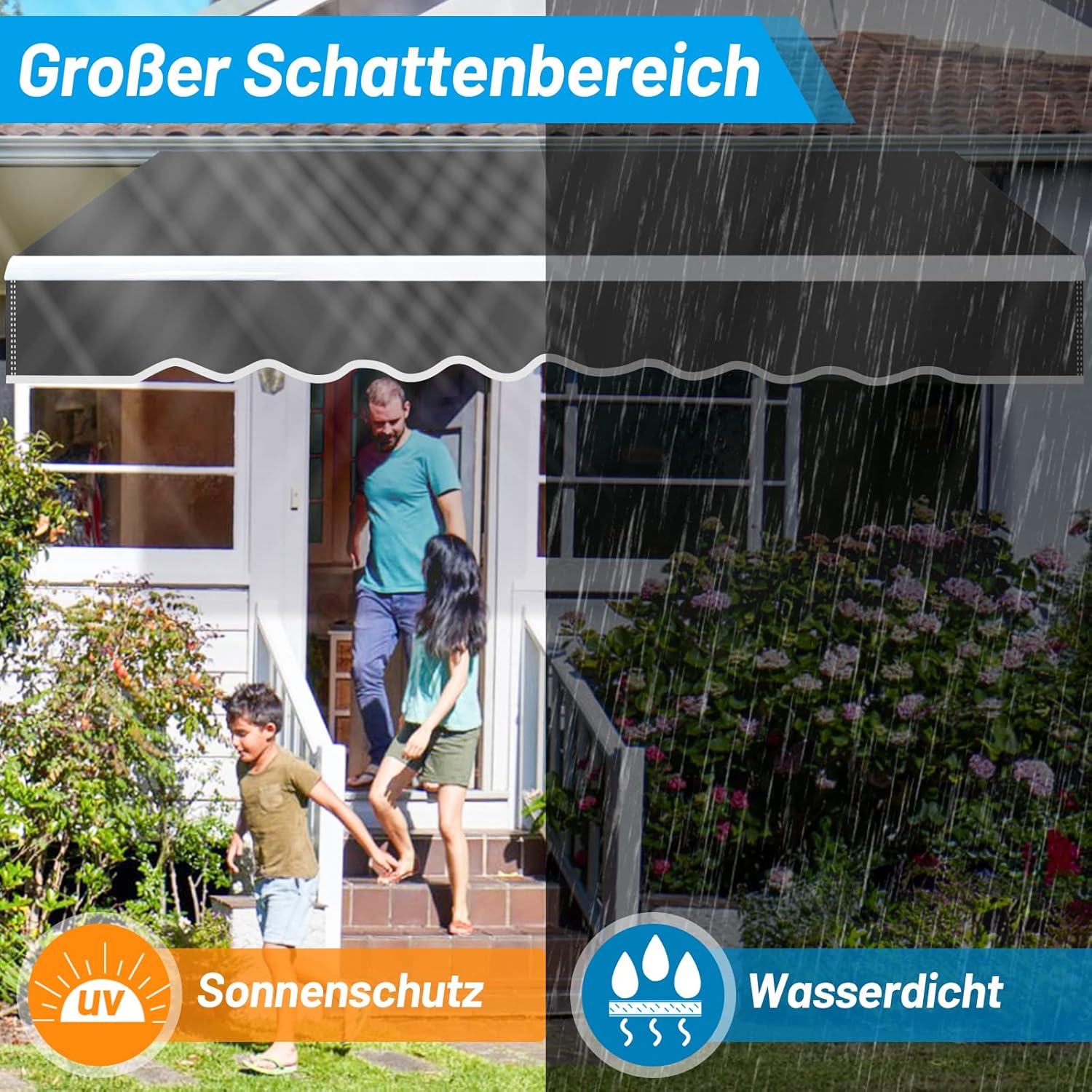 Gelenkarmmarkise Markise, 350x300cm Einziehbare Markise mit Handkurbel, Sonnenschutz Wasserschutz, Winkel einstellbar bis 30 Grad, Erfordert Montage inkl. Wandhalterung, Grau