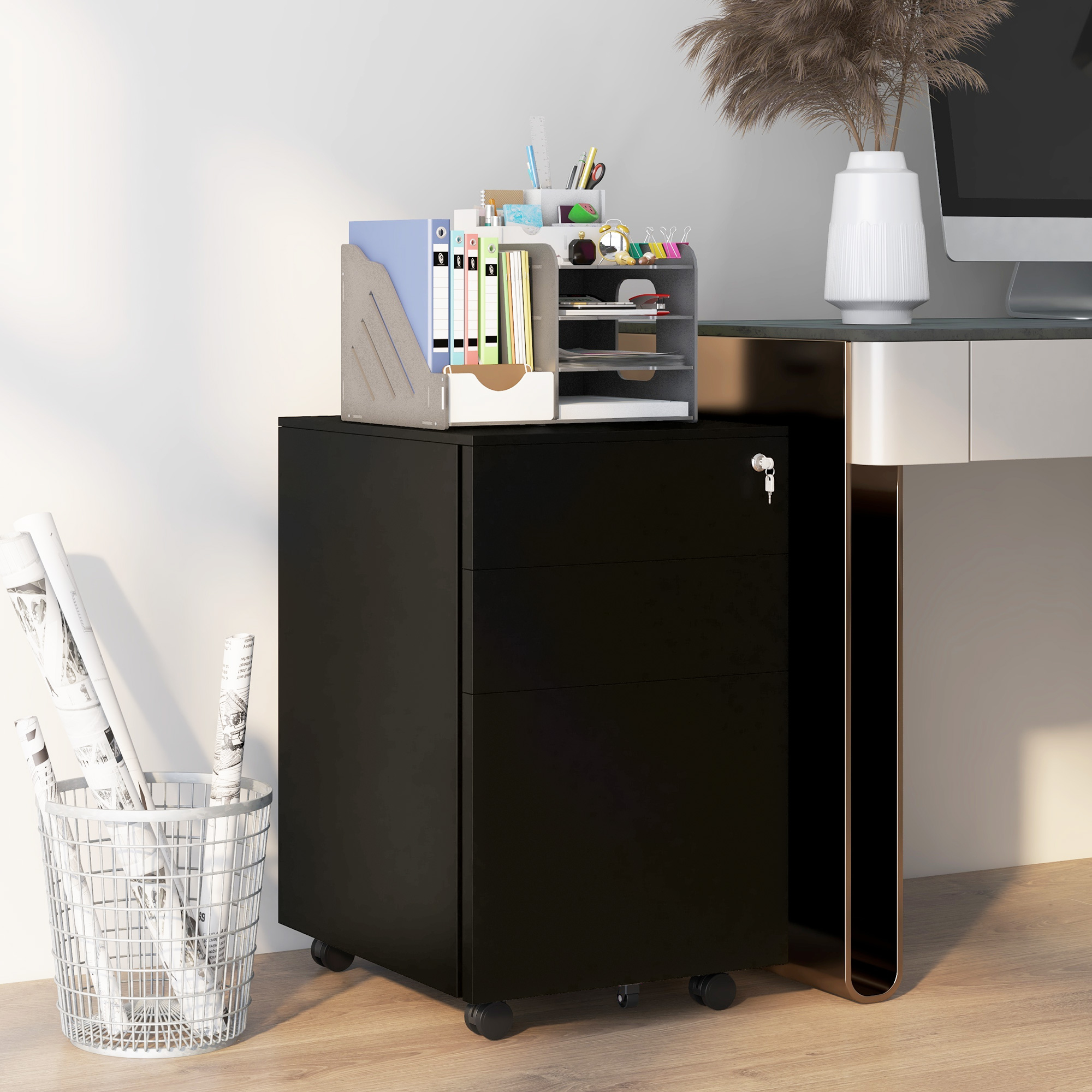 Vinsetto Rollcontainer Aktenschrank, 3 Schubladen, abschließbar, rollbar, 37 cm x 43,5 cm x 60 cm, Schwarz