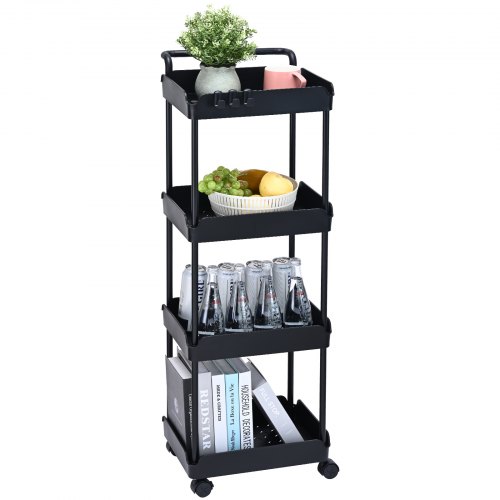VEVOR Rollwagen, Küchenwagen mit 4 Ebenen, Küchenregal, Nischenregal mit Rollen, Badregal 370x355x1065mm Aufbewahrungswagen 60kg Tragfähigkeit Mehrzweckrollwagen Schwarz Abräumwagen Servierwagen