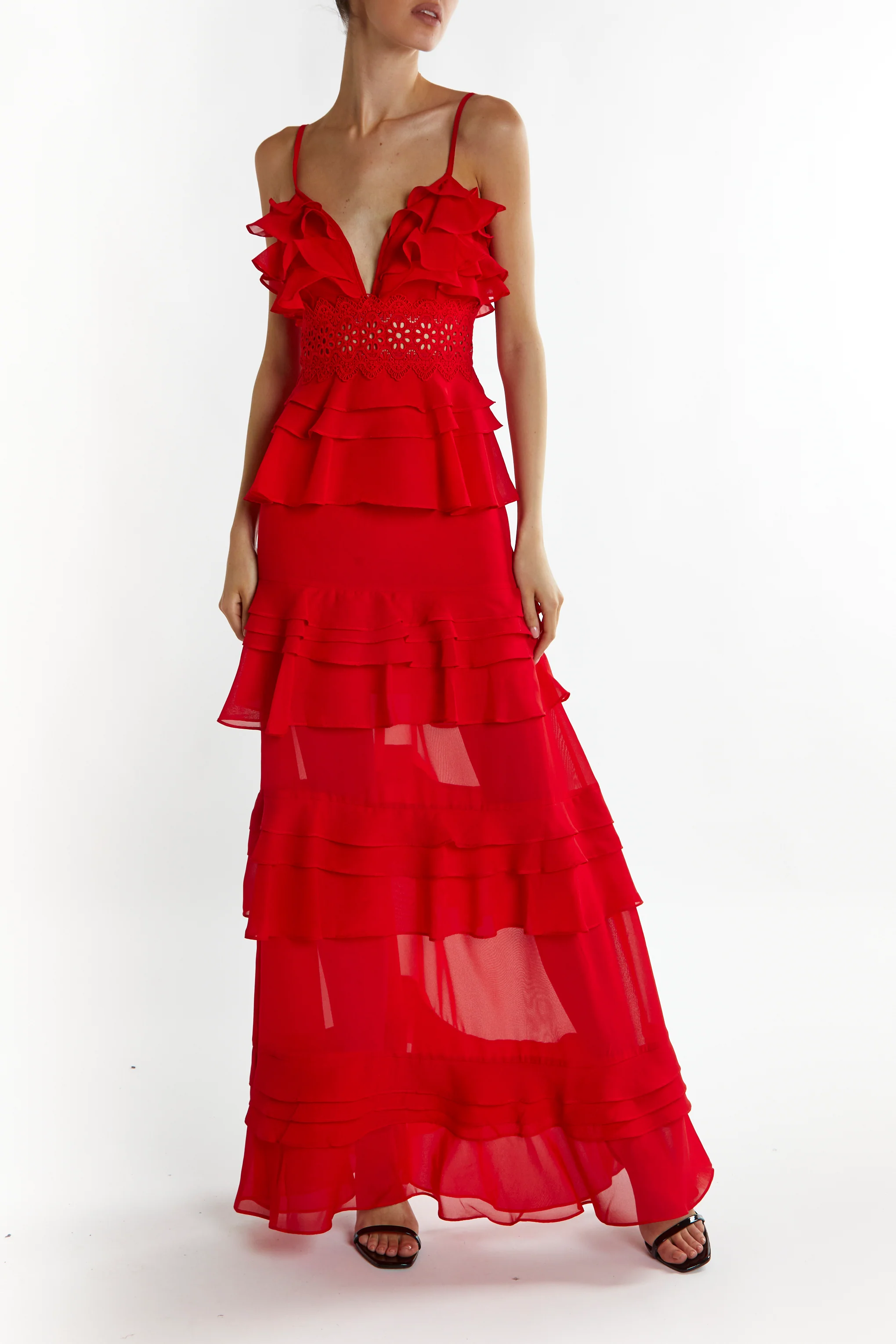 Sophia Red Deep Plunge Layered Ruffle  Maxi-Dress