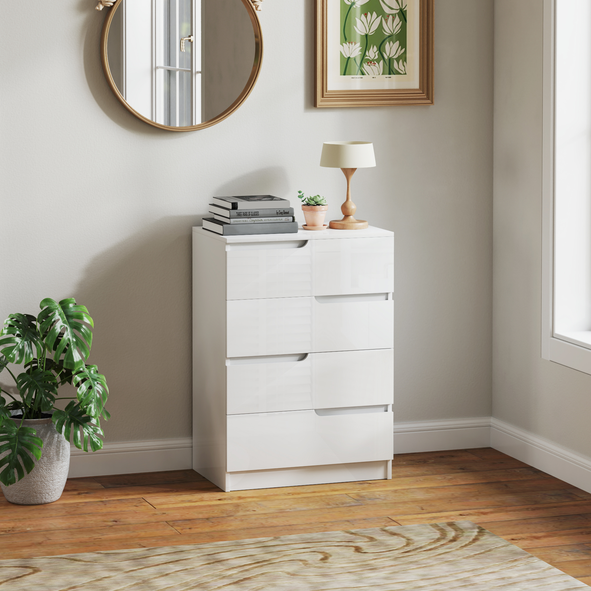 HOMCOM Moderne Kommode, Kleiderschrank, 4 Schubladen, Holz, Kippschutz, Fußpolster, Weiß