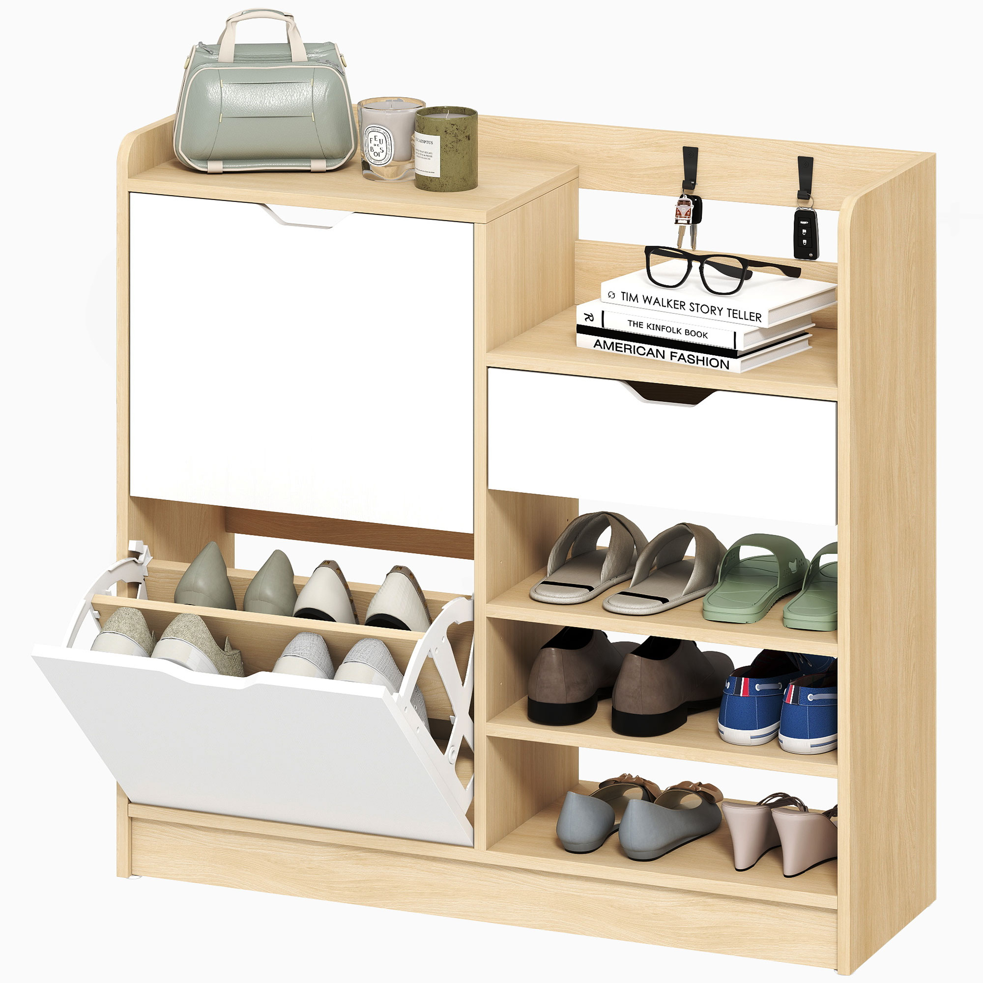 HOMCOM Schuhregal für Flur, Schuhschrank mit Kippschubladen, offenen Regalen, 4 Haken, für bis zu 14 Paar Schuhe, Natur