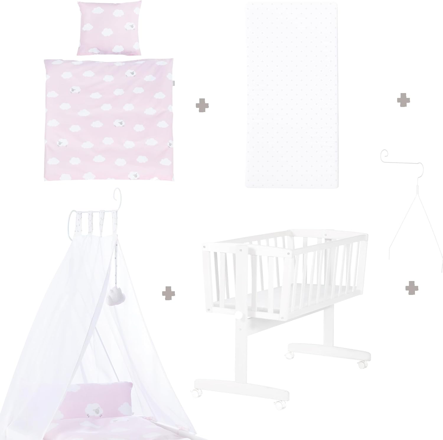 roba Culla e lettino Kleine Wolke - Design a Nuvola - 40 x 90 cm - in Legno - Set da Letto Completo di Chiusura e Arredo Tessile - Bianco/Rosa