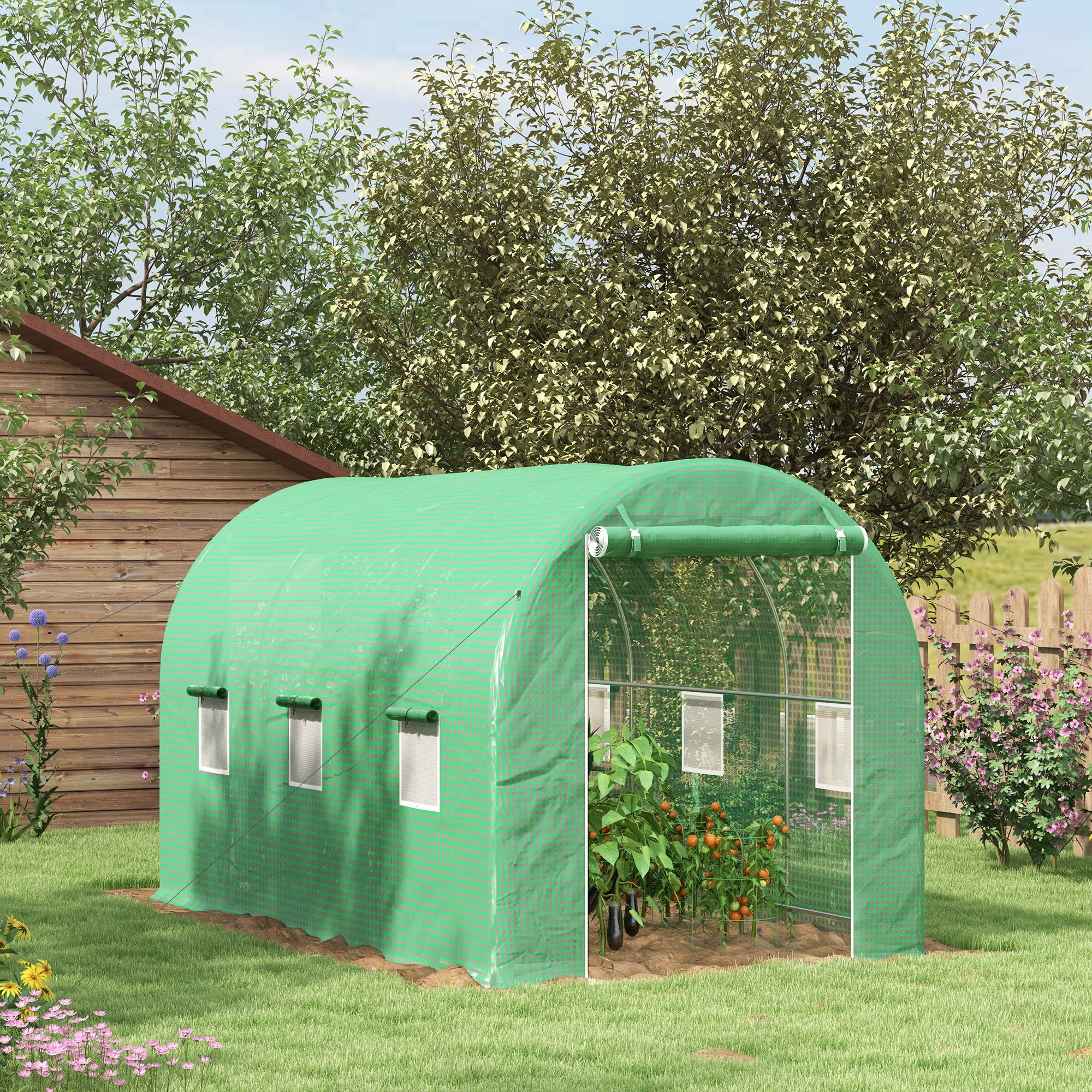 Outsunny Garten Tunnelgewächshaus Bodenfläche 8 m² 4L x 2B x 2,05H m Stahlgestell Doppel-Reißverschlusstür 6 abrollbare Fenster grün