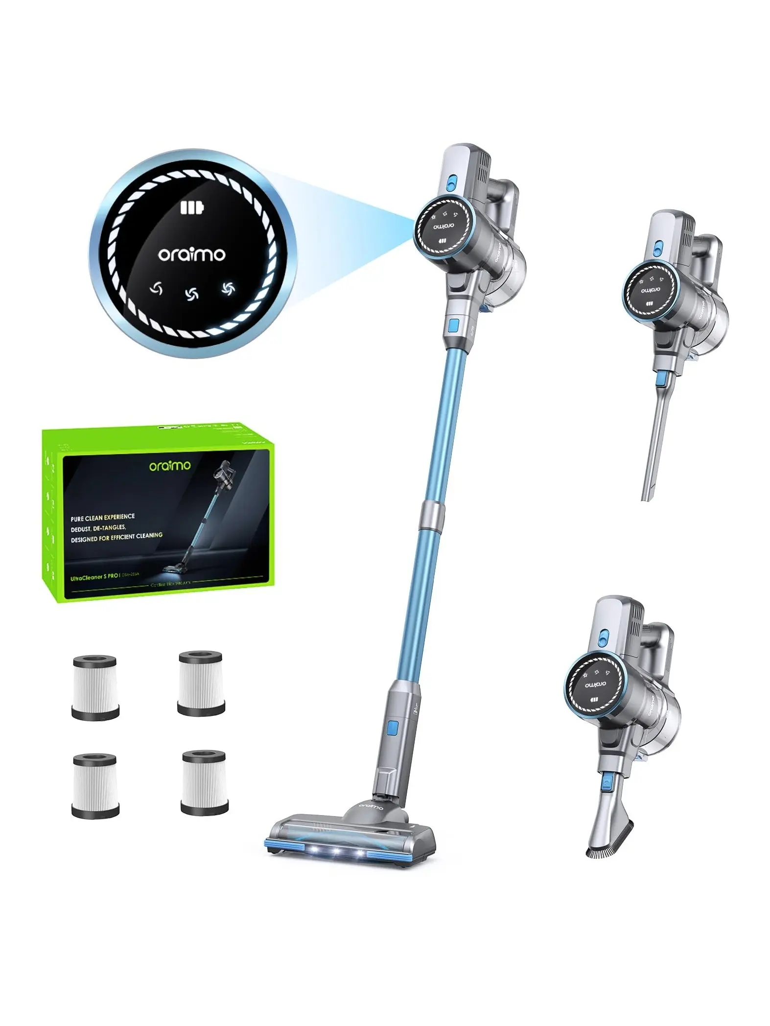 Oraimo Cordless Vacuum, 24KPA Vacuum Cleaner with 270W Brushless Motor, Stick Vacuum with Anti entangle Floor Brush, Up to 45min Runtime, for Pet Hair Hard Floor Carpet Stair Dorm, 4 HEPA