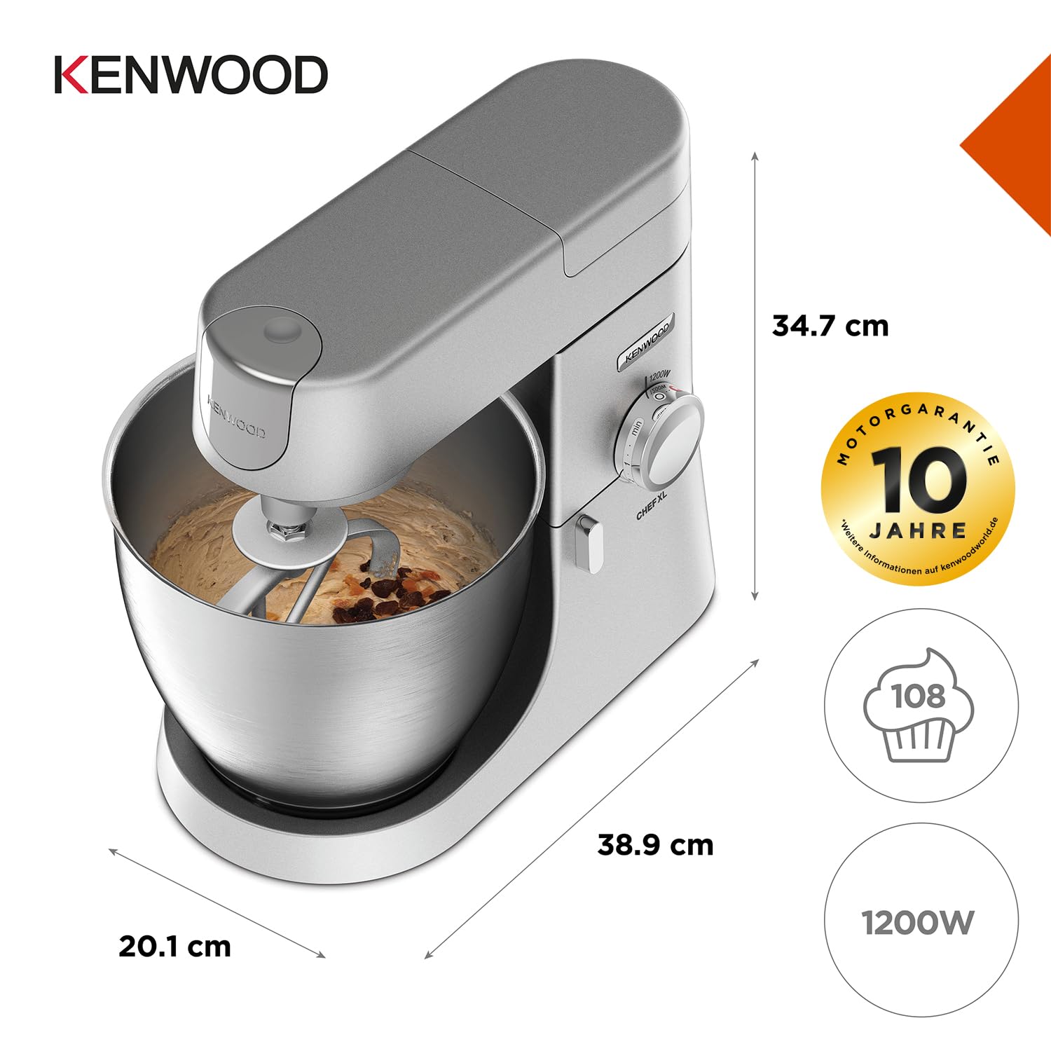 Küchenmaschine Chef XL KVL4100S mit 6,7 l Edelstahl-Rührschüssel, 1200 W und 3-teiligem Patisserie-Set, silber