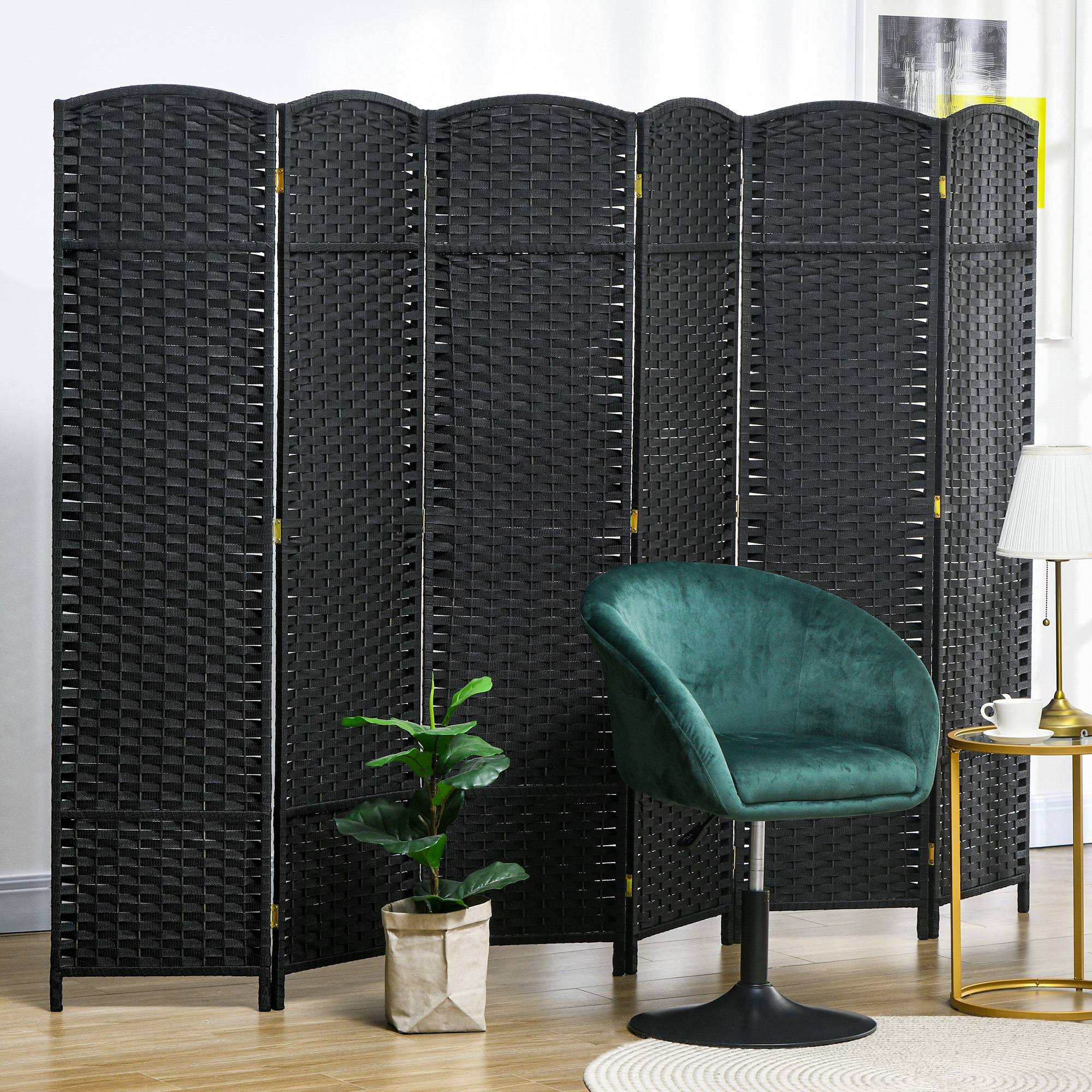 HOMCOM 6-teiliger Raumtrenner, Faltbarer Sichtschutz, Sichtschutzwand für Wohnzimmer, Schlafzimmer, Homeoffice, Schwarz
