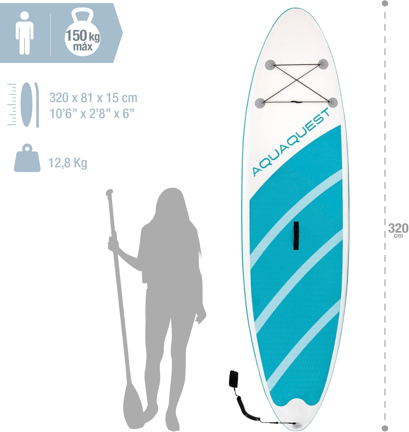 Intex 68242NP - Aqua Quest 320 SUP Gonfiabile, con Pompa Manuale e Remo da 216 cm, PVC, Multicolore, 320x81x15 cm