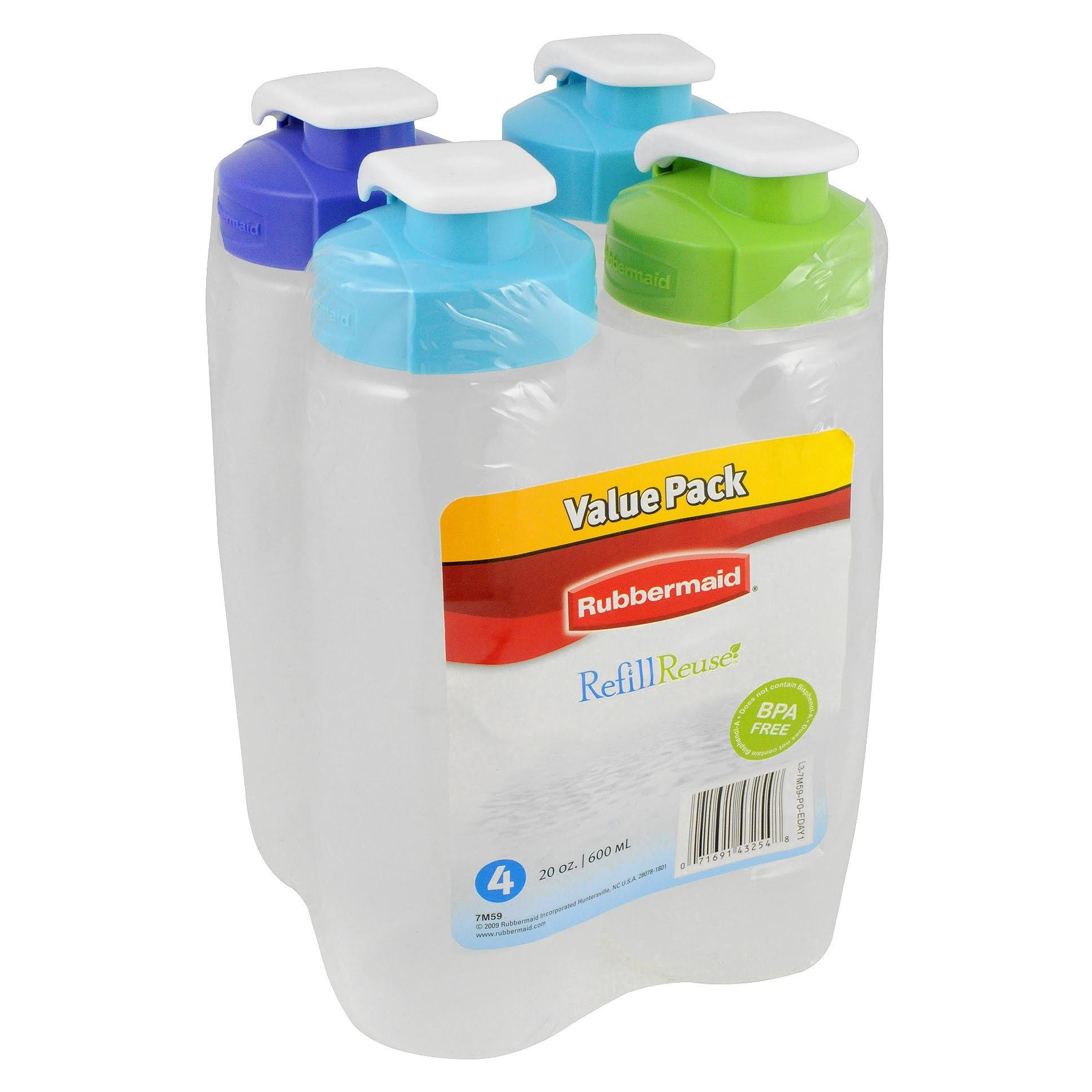 Rubbermaid 20 oz Refill Reuse Chug Water Bottles, Leak Proof, Blue/Green Lids, 4 Pack