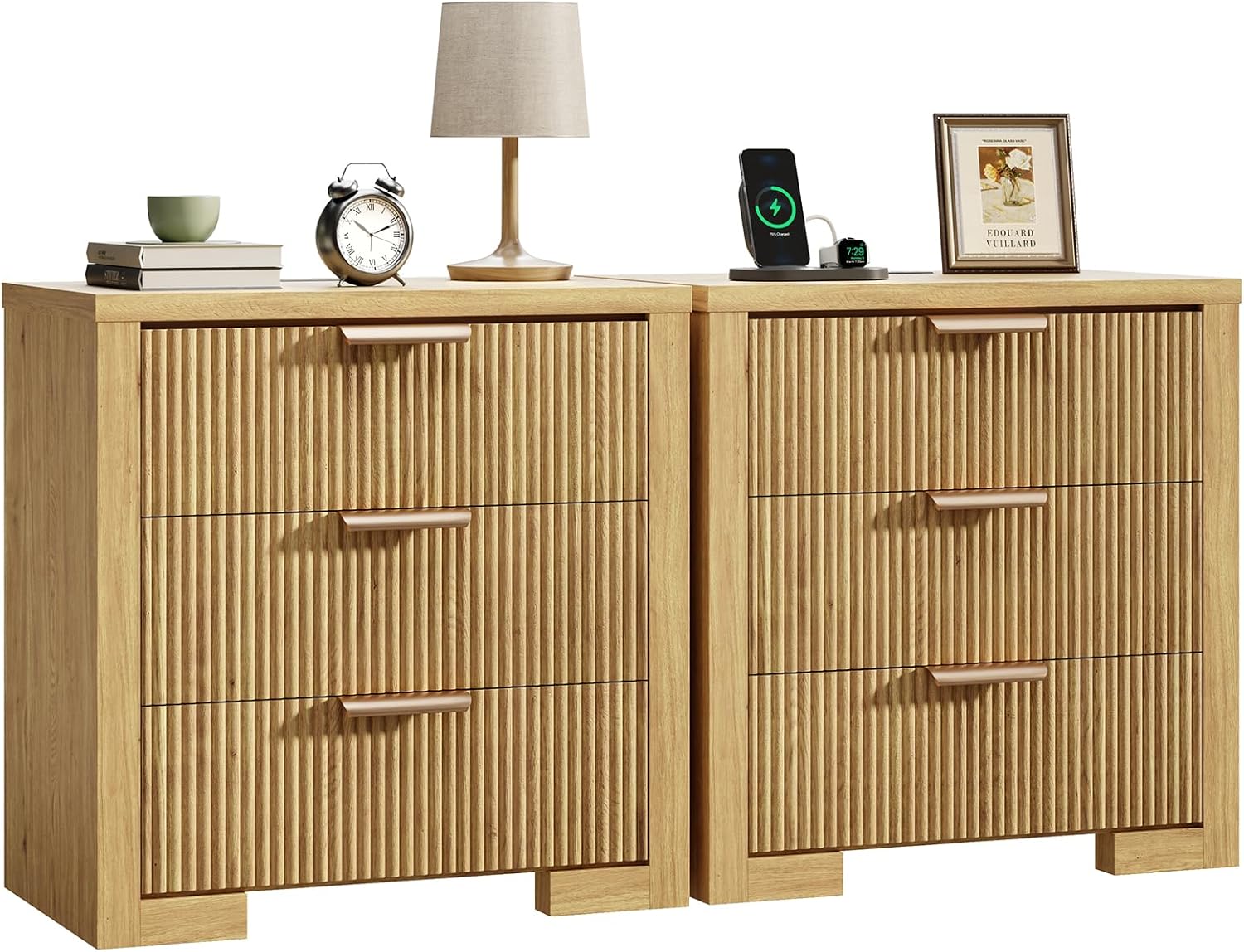 Fluted Nightstand Set of 2 with Charging Station, 23.6