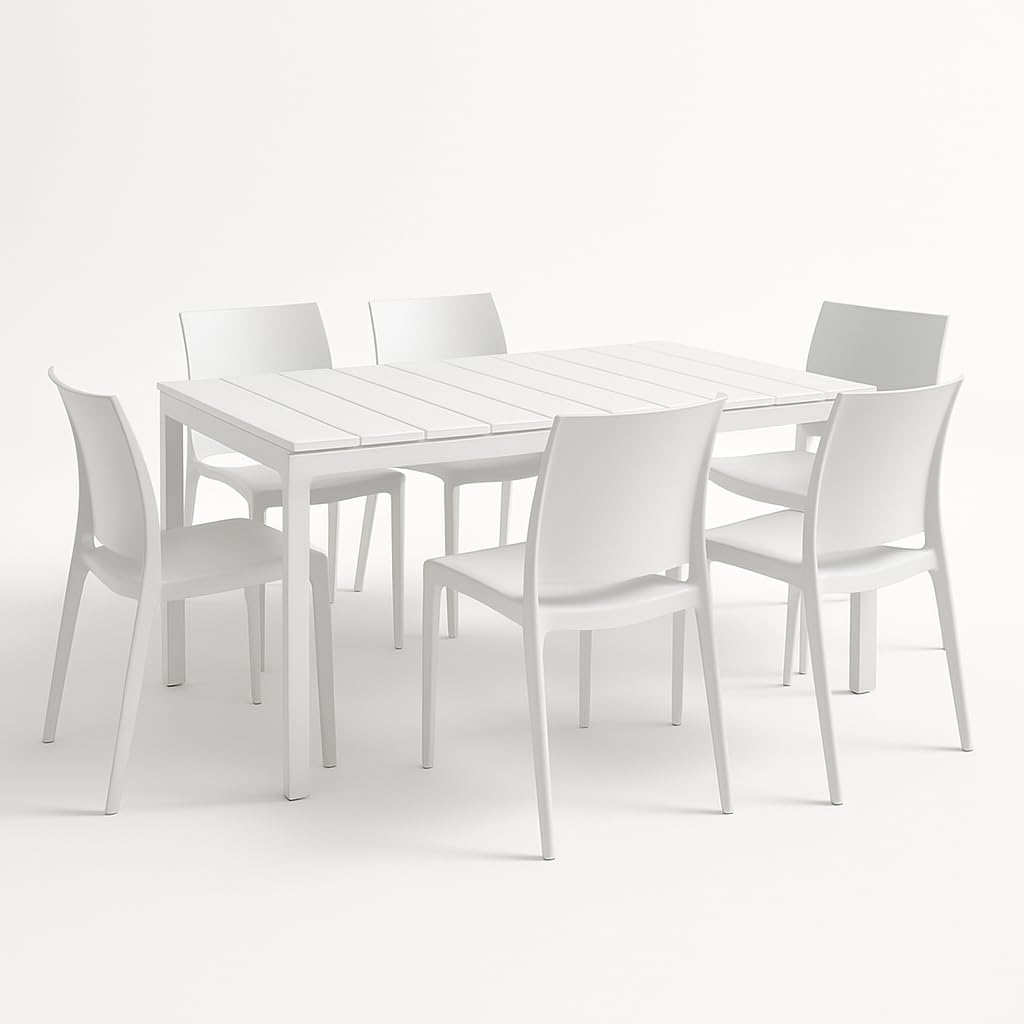Tomaino - Garden Table with Chairs for Outdoors - Lion King Set consisting of King Table with 6 Volga Stackable Chairs - Balcony, Porch (White)