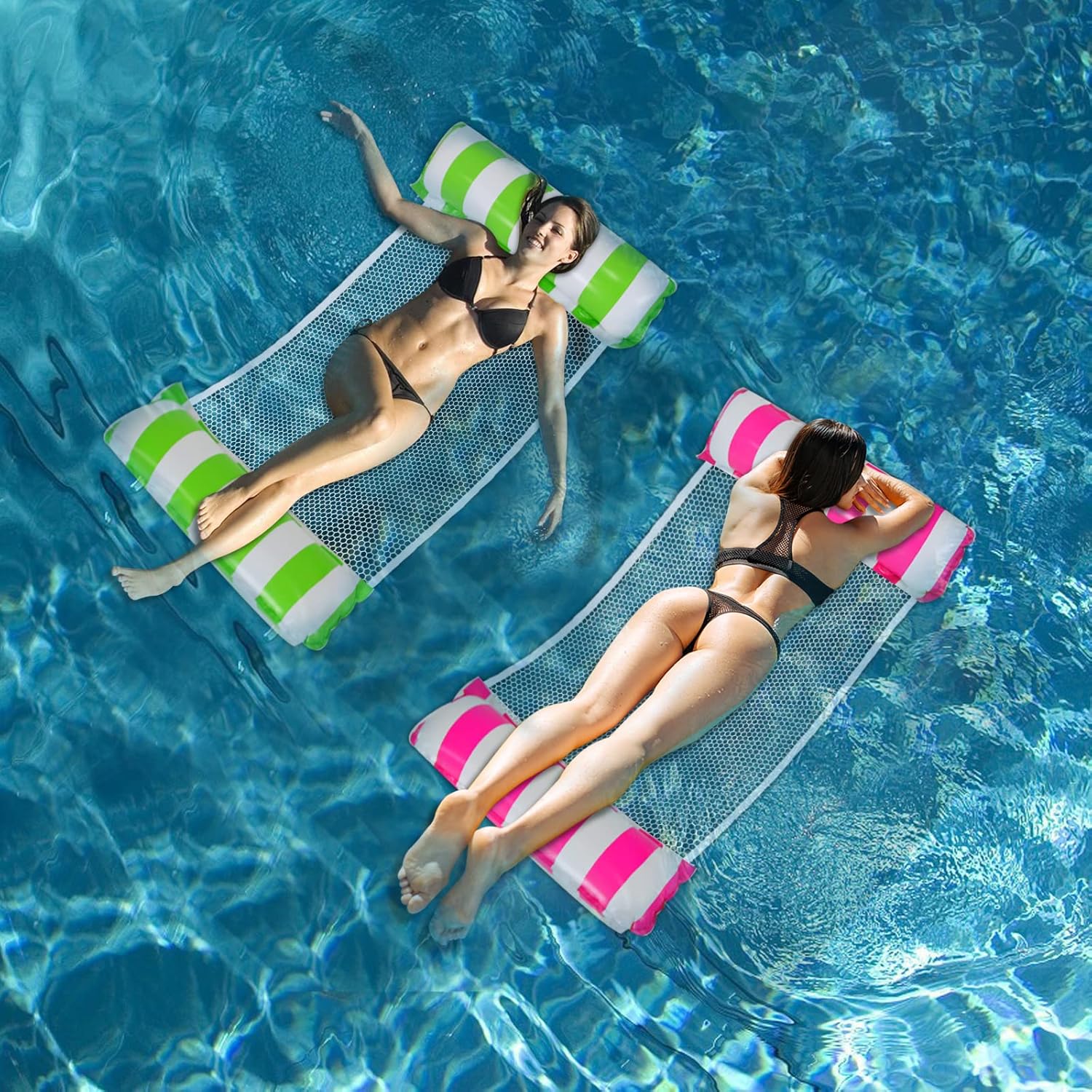 Galleggianti gonfiabili per piscina per adulti, 2 pezzi 4-in-1 Gonfiabili per piscina con amaca gonfiabile multiuso (sella, poltrona, amaca, drifter) Sedia da piscina con pompa d'aria manuale per piscina sulla spiaggia