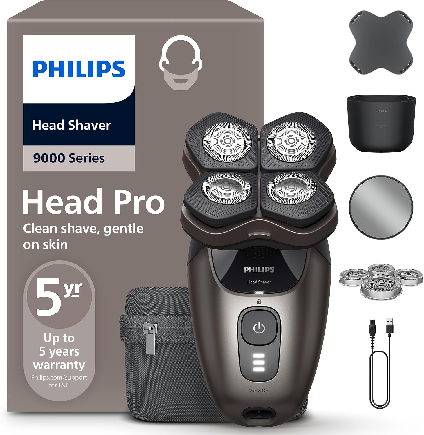 Philips Head Shaver Pro Serie 9000 - Rasoio per uomo e donna, testina flessibile a 360° e lame ComfortCut per una rasatura pulita e delicata sulla pelle, modello HS9980/15