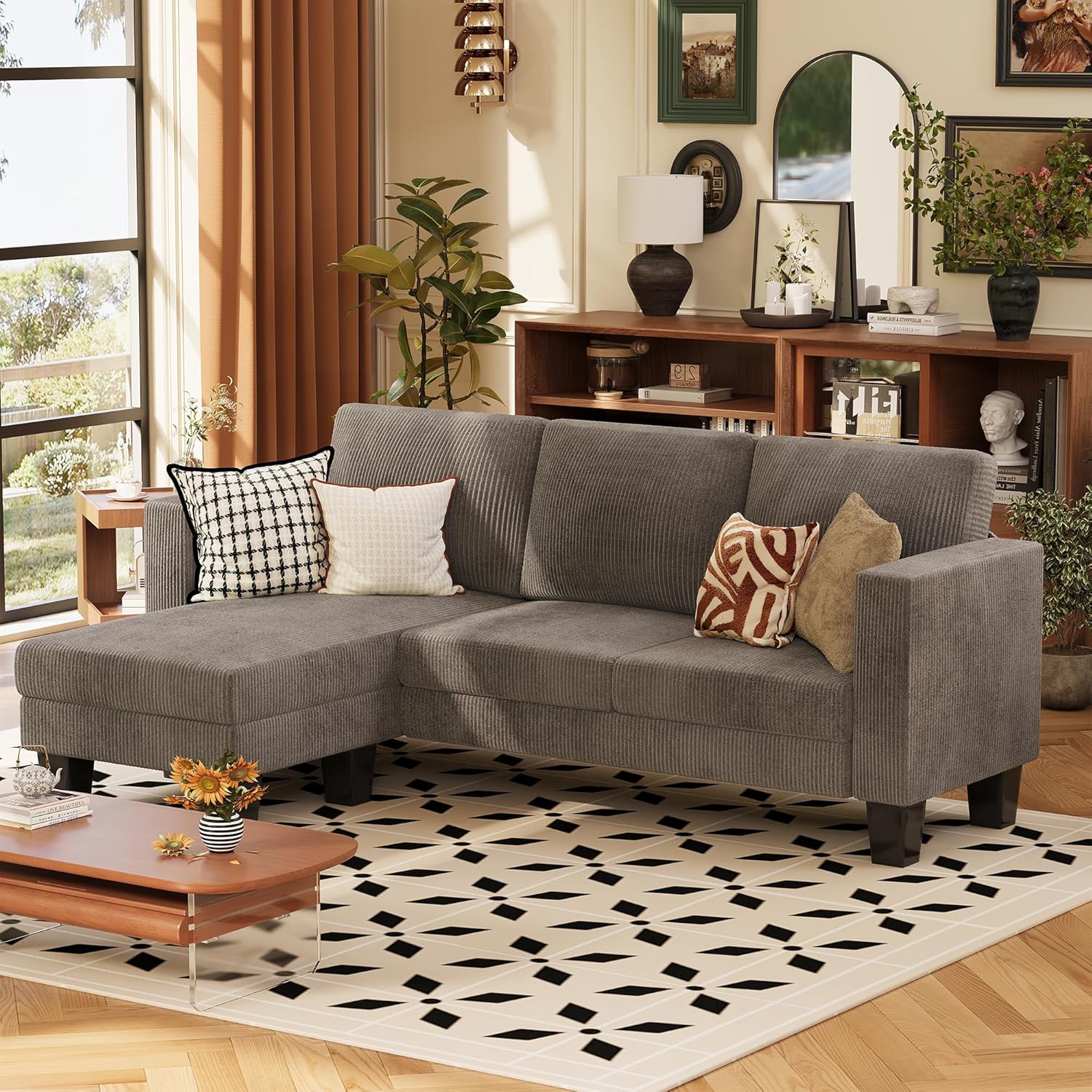 Convertible Sectional Sofa Couch 3 Seat L-Shaped Sofa with Linen Fabric Ottoman Small Couch