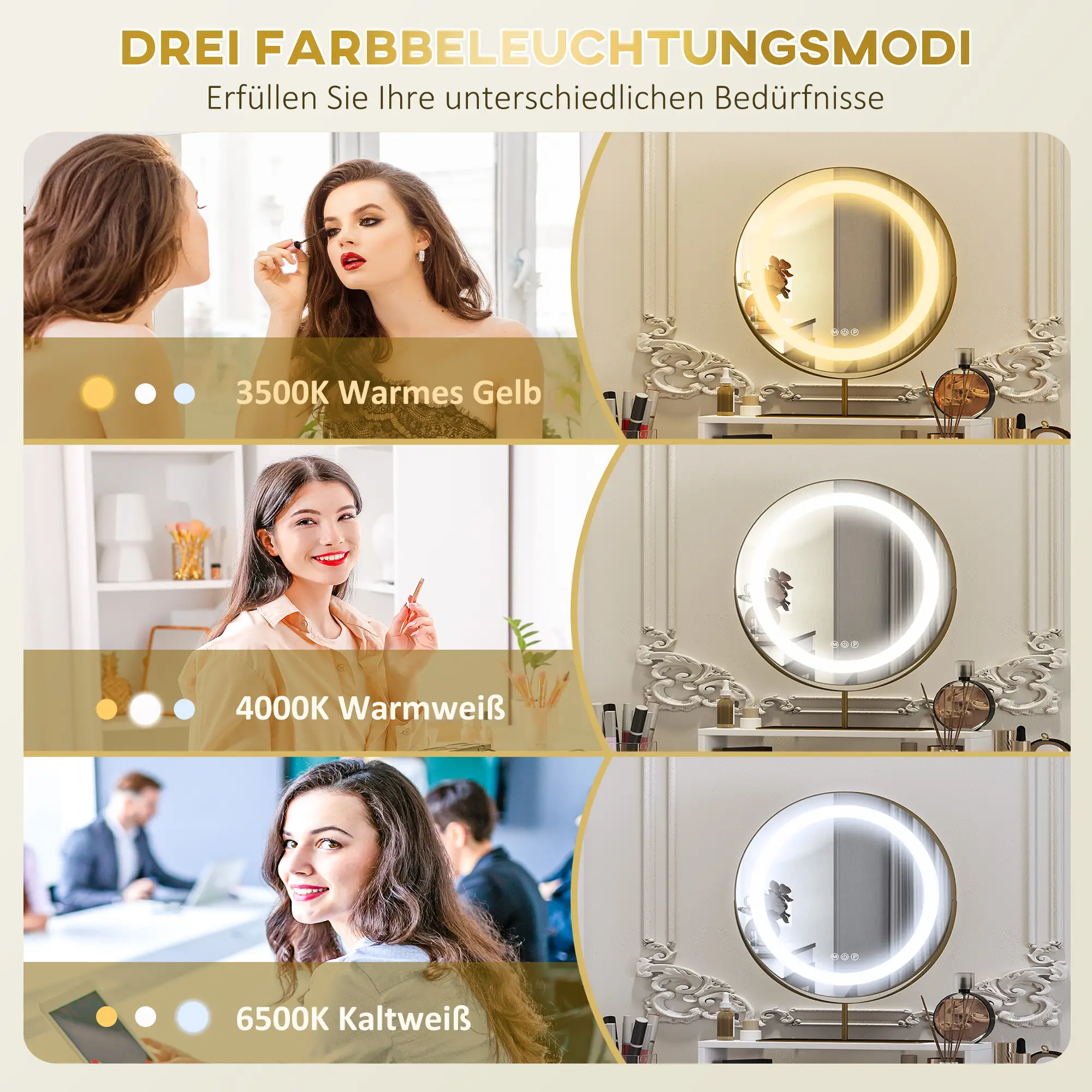 HOMCOM Schminktisch mit LED-Beleuchtung und 360° drehbarem Spiegel Weiß