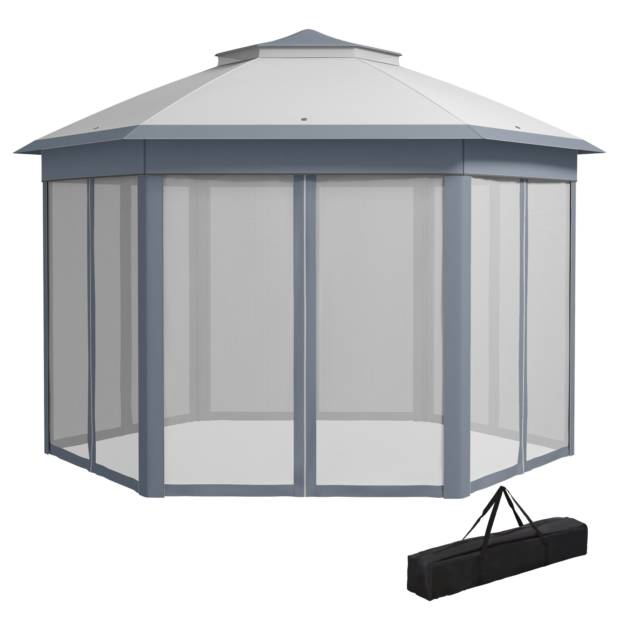 Outsunny Faltpavillon 4 x 4m, Sechseck-Design, Netzvorhänge, wasserabweisend, Lüftungsdach, Grau+Weiß