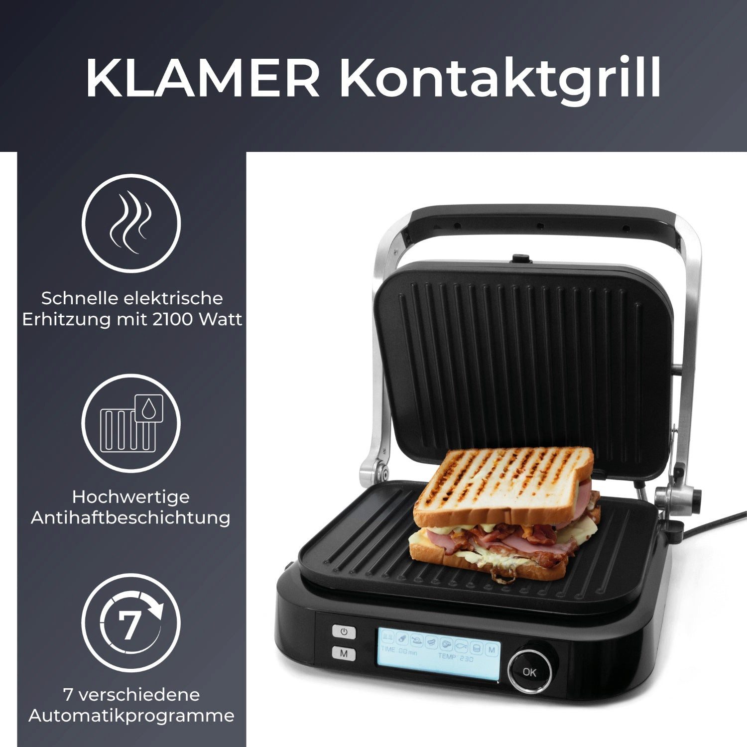 Kontaktgrill 7 Automatikprogramme, abnehmbare Platten, Antihaftbeschichtung, 2100W…