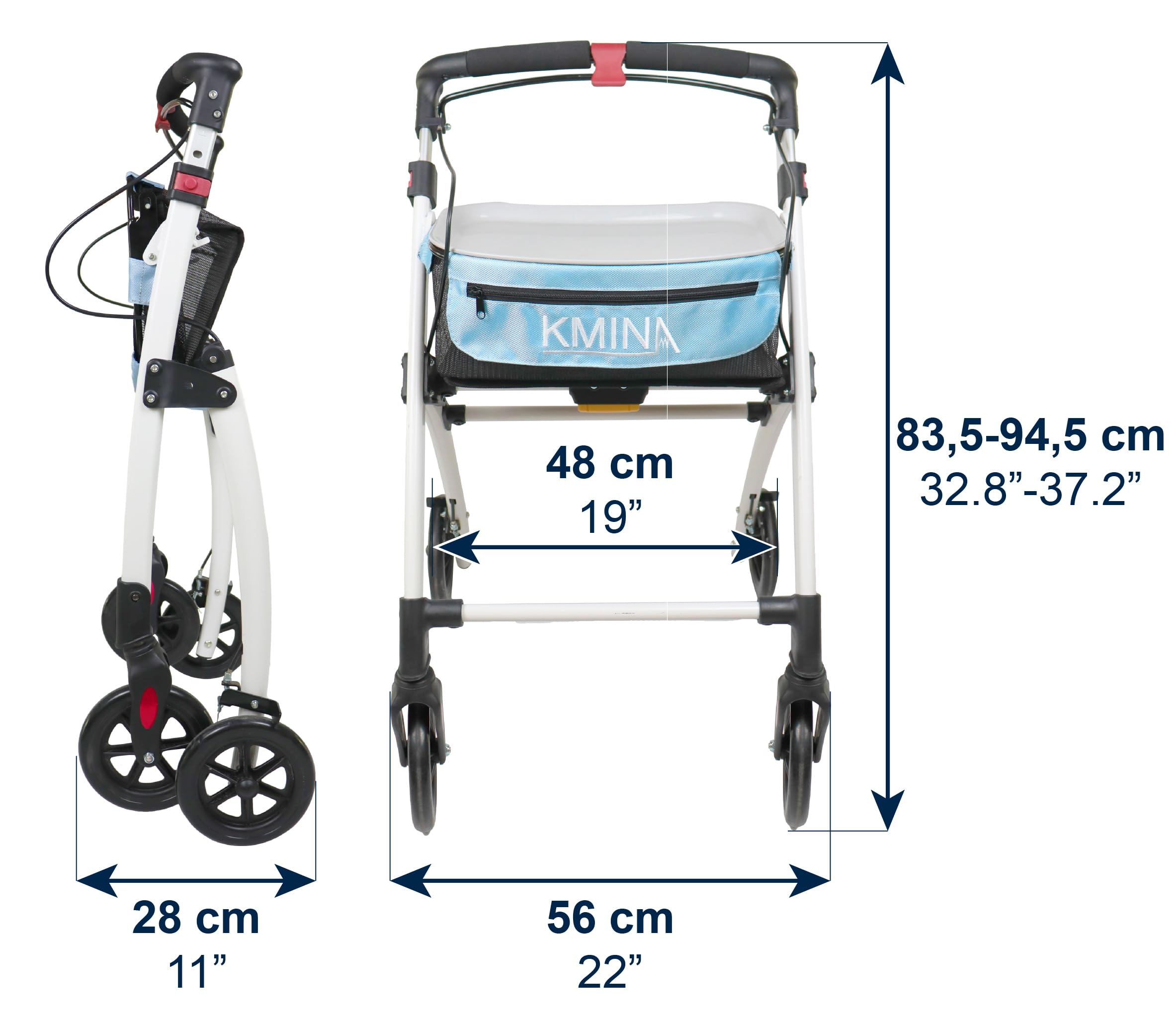 Schmaler Rollator für Wohnung faltbar und leicht mit Tablett blau kompakte Gehhilfe für Senioren