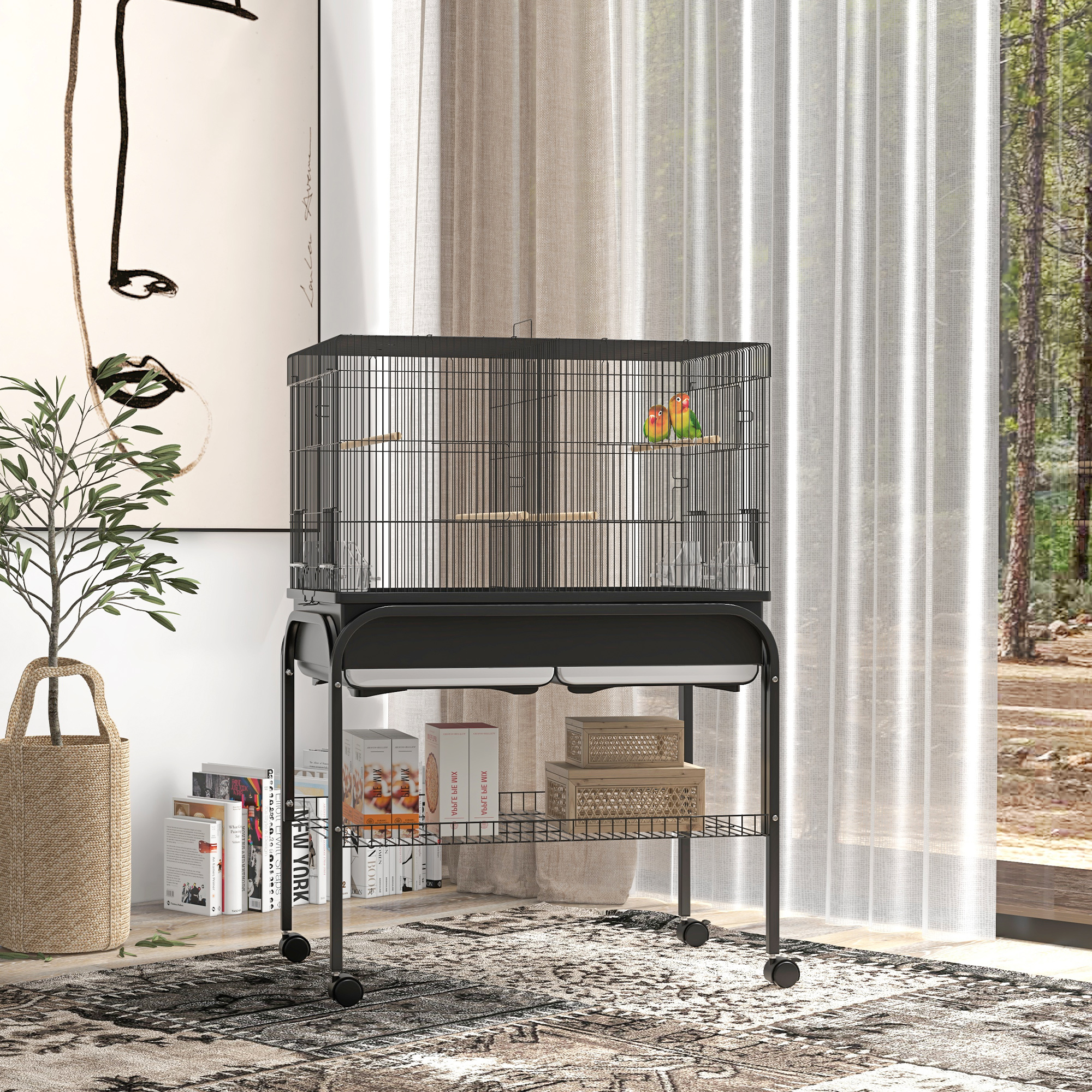 PawHut Großer Vogelkäfig Papageienkäfig mit Ständer Rollen für Kakadus Wellensittiche Kanarienvögel Papageien 85 x 49 x 119 cm schwarz