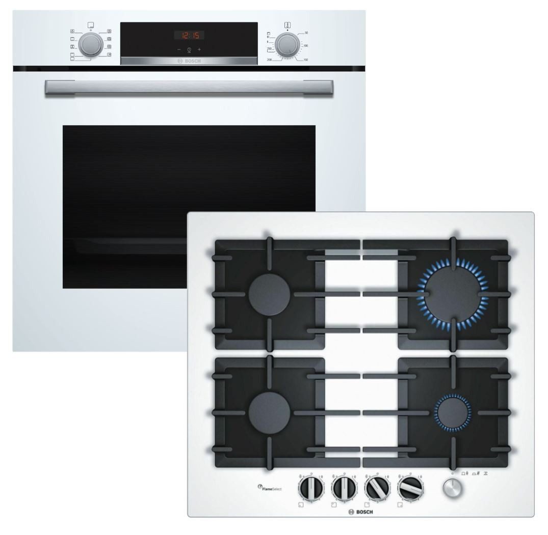 Backofen-Set weiß EcoClean Schnellaufheizung + Gaskochfeld Einhandzündung autark