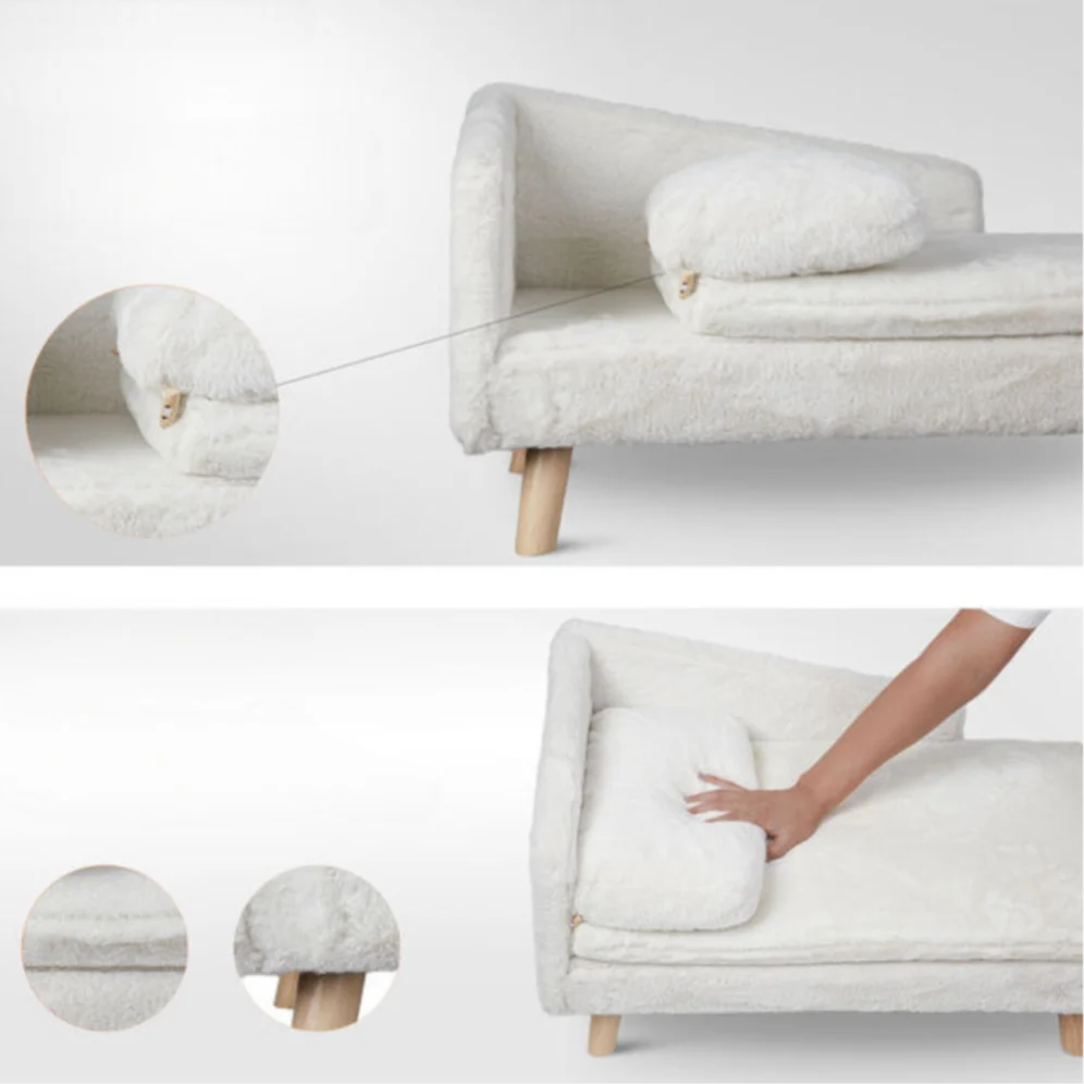 Elevated Pet Sofa Bed �C L-Shape Chaise with Cushion, Pillow & Rubber Wood Legs
