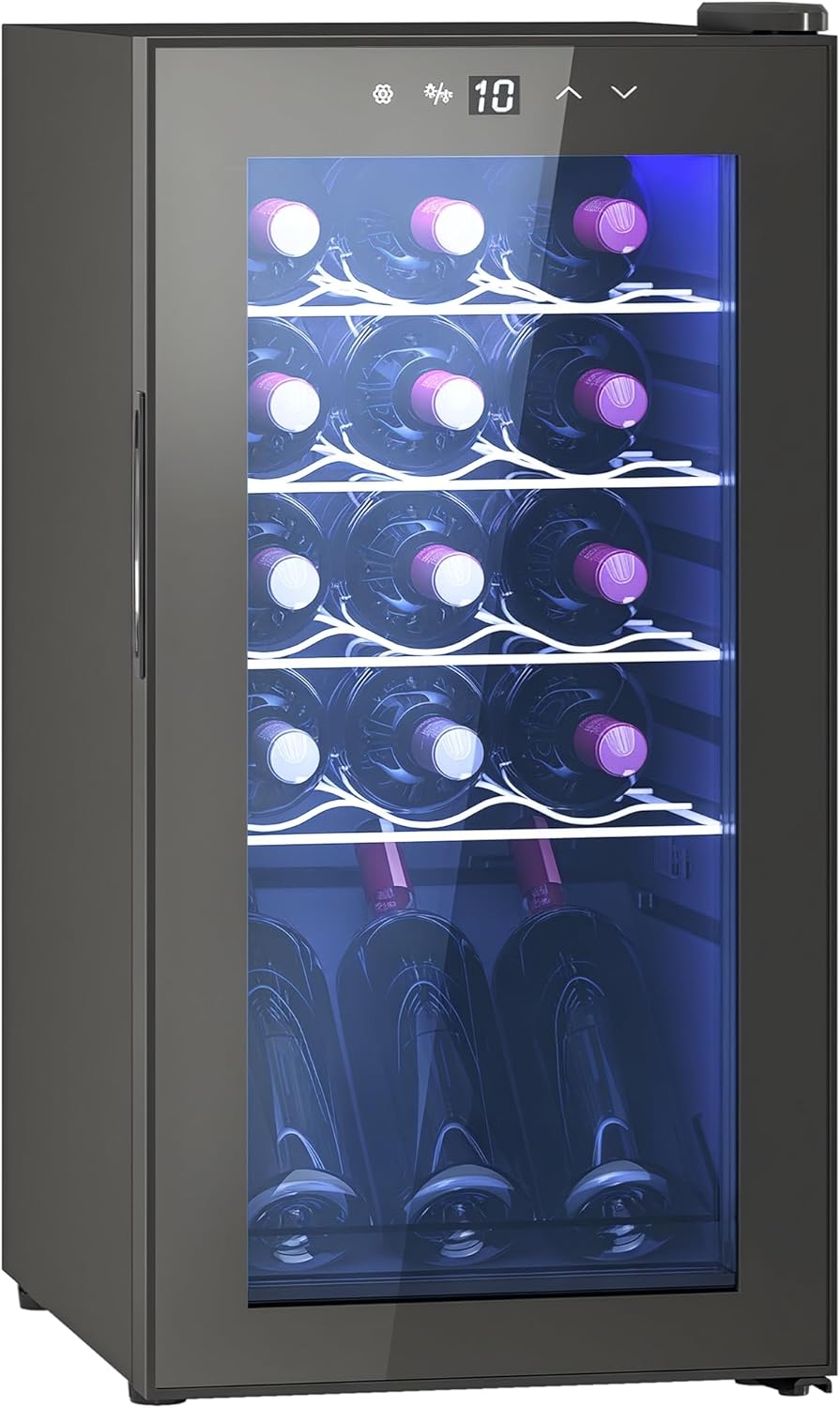 HOMCOM Refrigerated Wine Cellar, 12 Bottles, 34 L, Monotemperature Wine Cellar 8-18 ° C Wine Cellar with Anti-UV Glass, Thermoelectric, Adjustable Shelves, Touch Display, LED Lights, Class E, Black